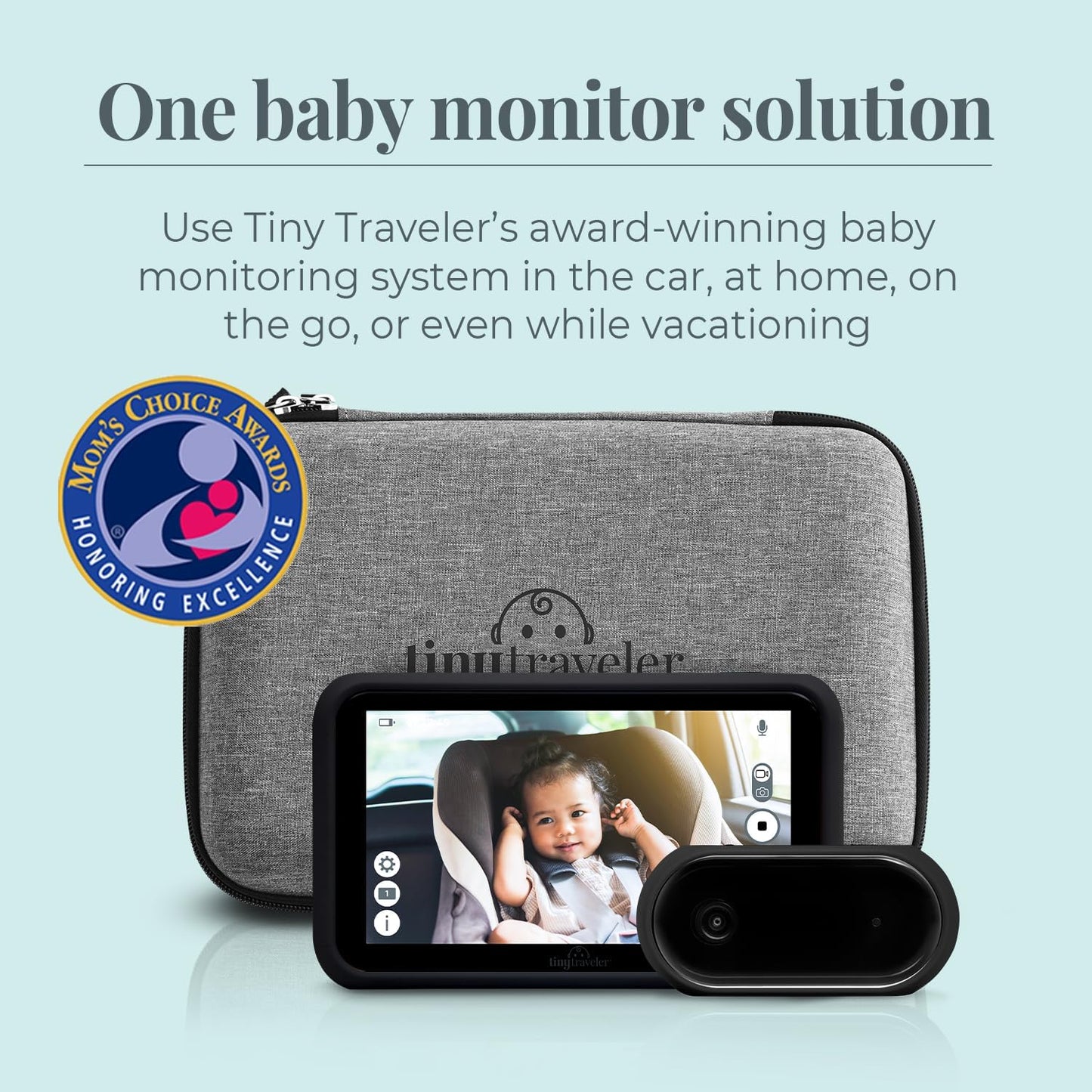 Tiny Traveler | Portable Video Baby Monitoring System with Travel Kit, View Kid in Rear Facing Seat, Night Vision HD 720p 5' Touchscreen, Battery