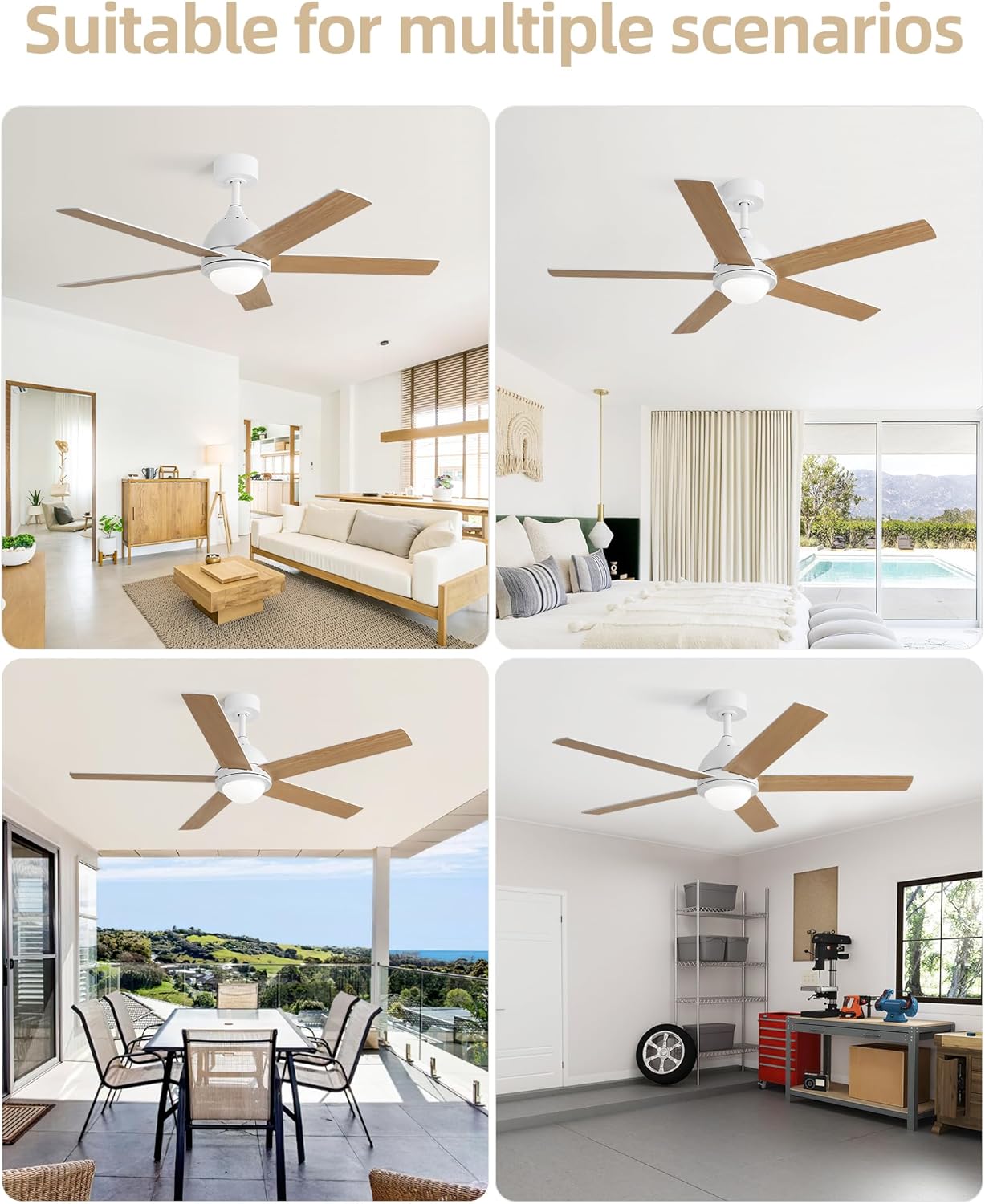 52 Inch Ceiling Fan with Light, Flush Mount Ceiling Fans with Wall Remote, 5 Double-sided Wood Blades, Noiseless AC Motor
