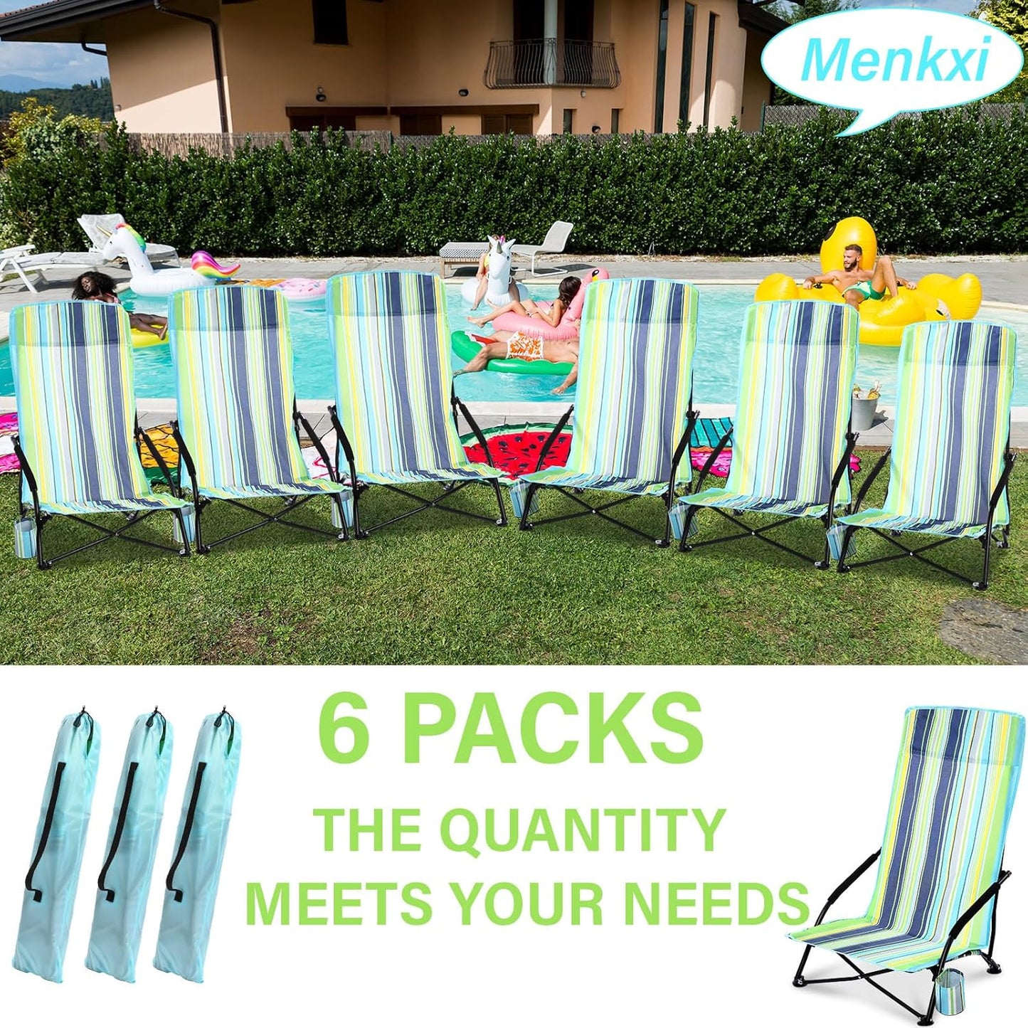 Menkxi 6 Pack Low Beach Chairs for Adults, Folding Camping Chair with Cup Holder Carry Bag, 300 LBS Portable Low Seat Camping Chair for Outdoor Sand