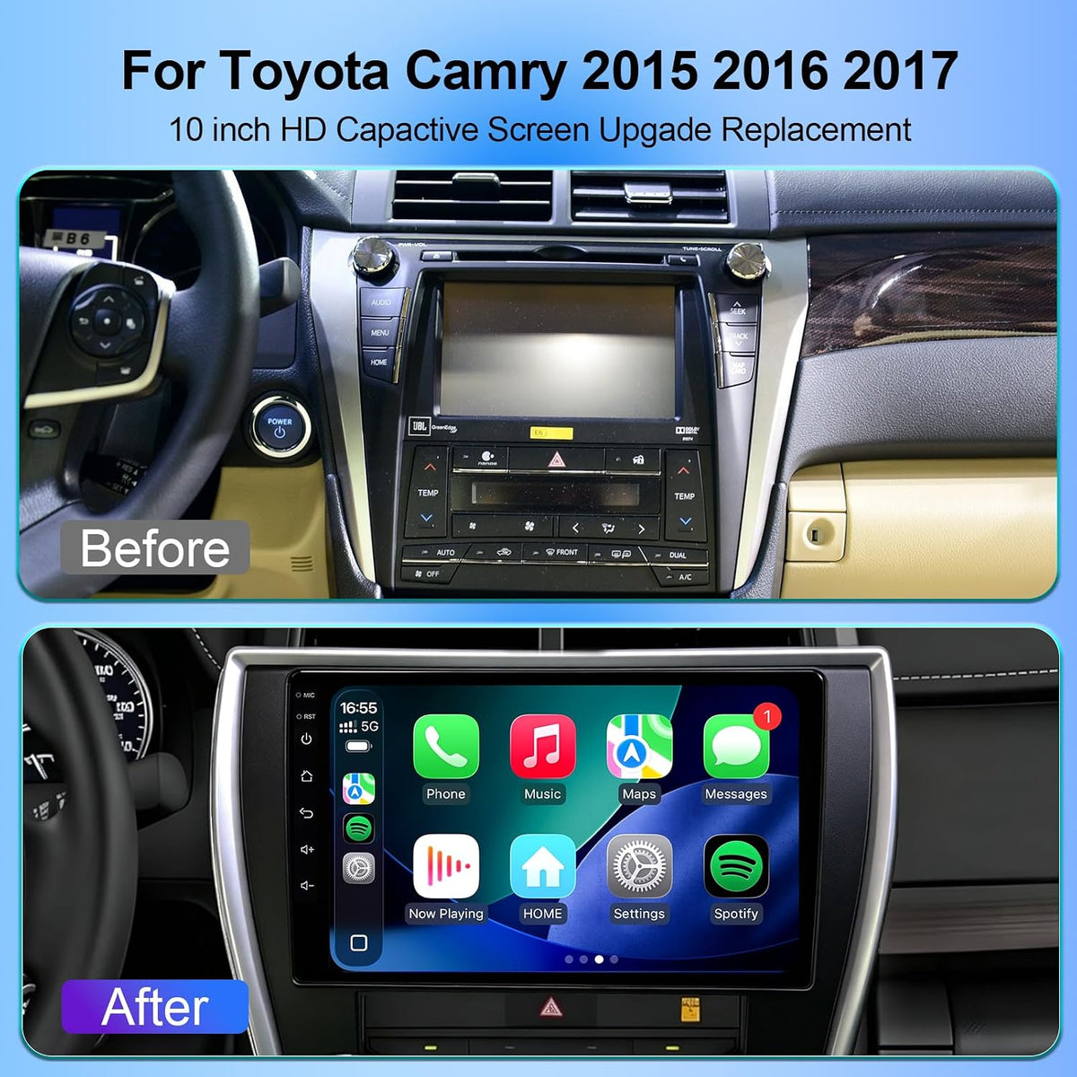 64GB Car Radio Stereo Upgrade for 2015-2017 Toyota Camry, Plug and Play 10'' Android 13 Head Unit with Wireless Carplay/Android Auto/1080P Backup Camera/AM FM Radio