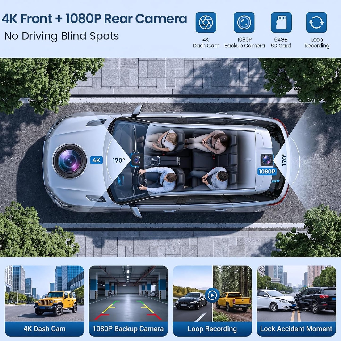 Wireless CarPlay Screen for Car, 9" Touchscreen Car Stereo, 64GB SD 4K Dash Cam, Apple CarPlay & Android Auto Mirror Link, 1080P Backup Camera, GPS Navigation, Bluetooth Voice Control, Loop Recording