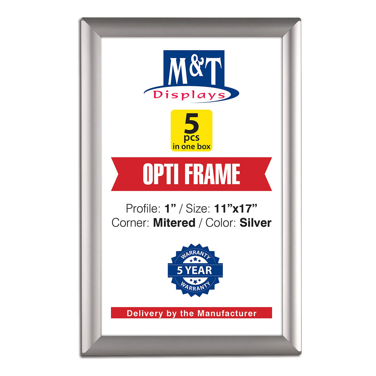 M&T Displays Opti Snap Poster Frame 11x17 Inch Silver 1" Aluminum Profile Front Loading Wall Mounting Photo Picture Document Certificate Sign Holder Mitered Corner Anti Glare Cover (5 pack)