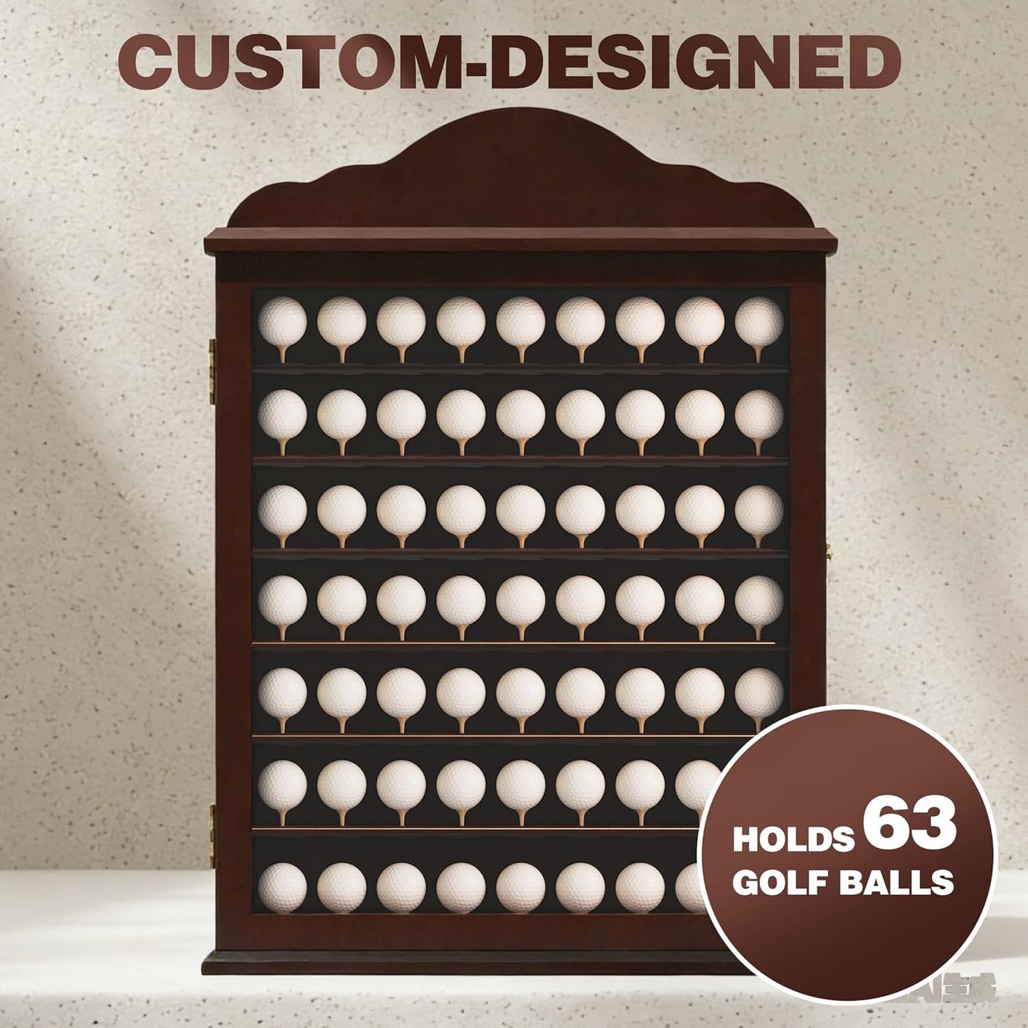 MR 63 Golf Ball Display Case, Executive Golf Ball Cabinet, Wall Mount Golf Ball Shadow Box with Wood Tees, Wall Rack Holder Solid Wood Frame with 98% UV Protection Lockable Acrylic Glass Door