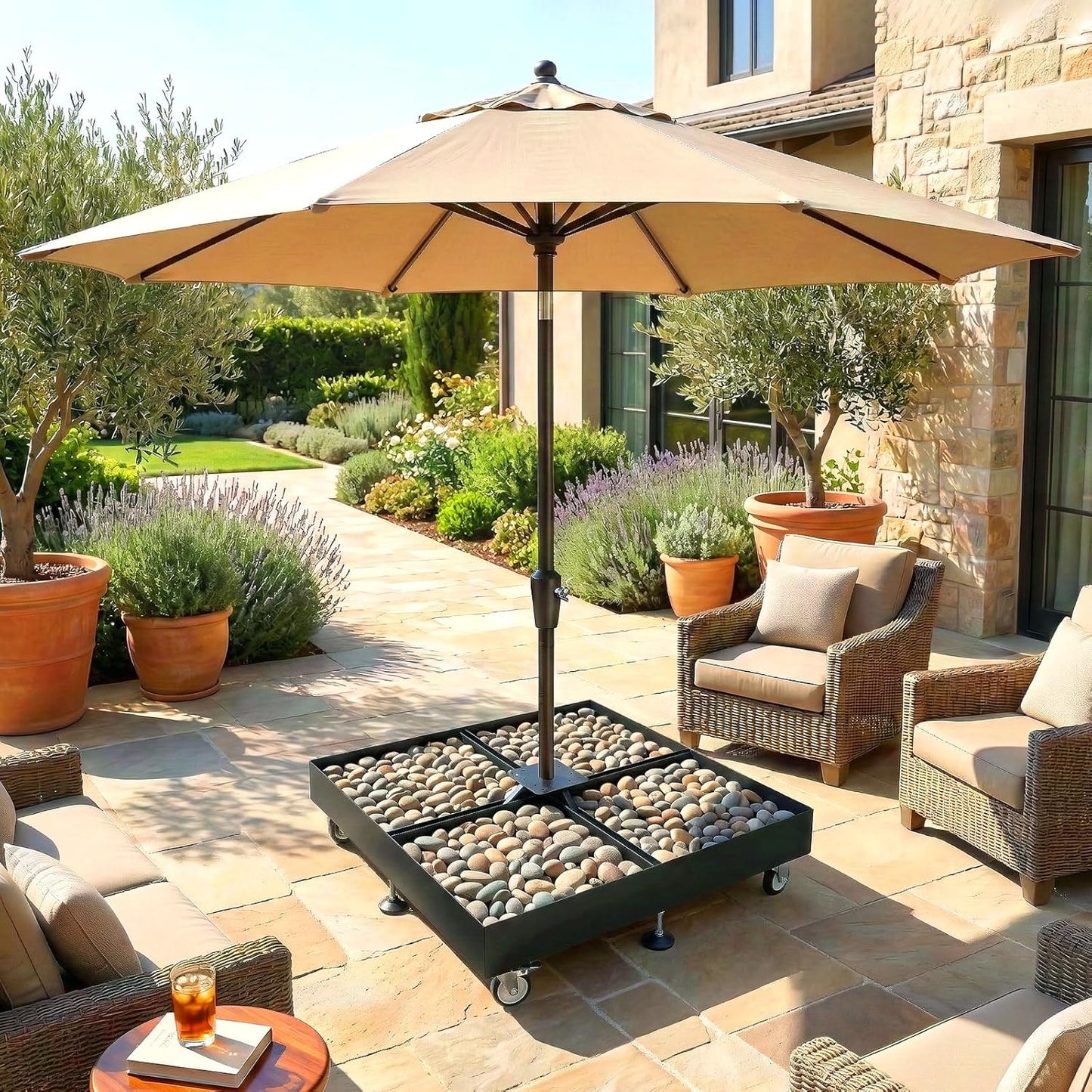 Cantilever Umbrella Base with Wheels, Heavy Duty Patio Umbrella Base Fillable with Stones, Large 37.79 Inch Square Base, Steel Frame Outdoor Stand for Offset Umbrellas