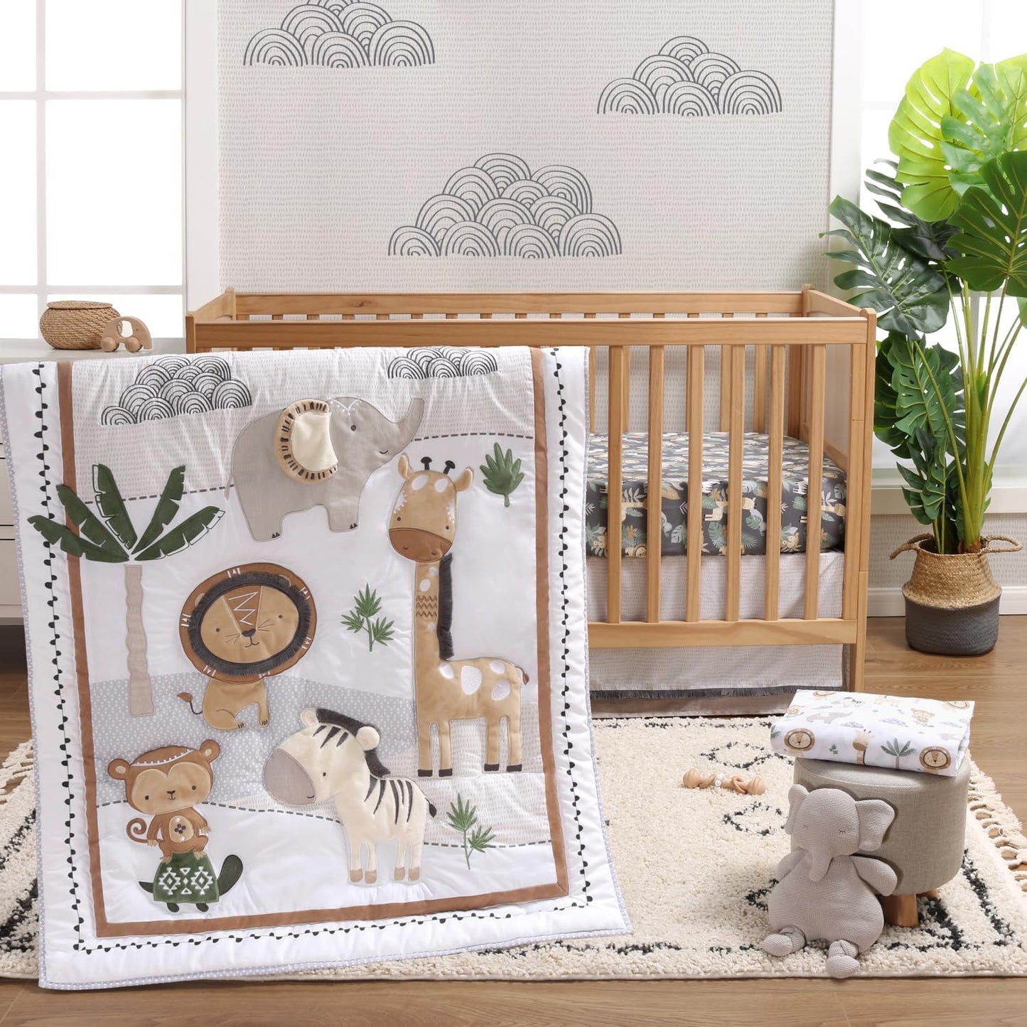 The Peanutshell Safari Crib Bedding Set for Boys or Girls, 4pc Organic Cotton Crib Comforter Set, Elephant Giraffe Monkey Zebra Nursery Decor,