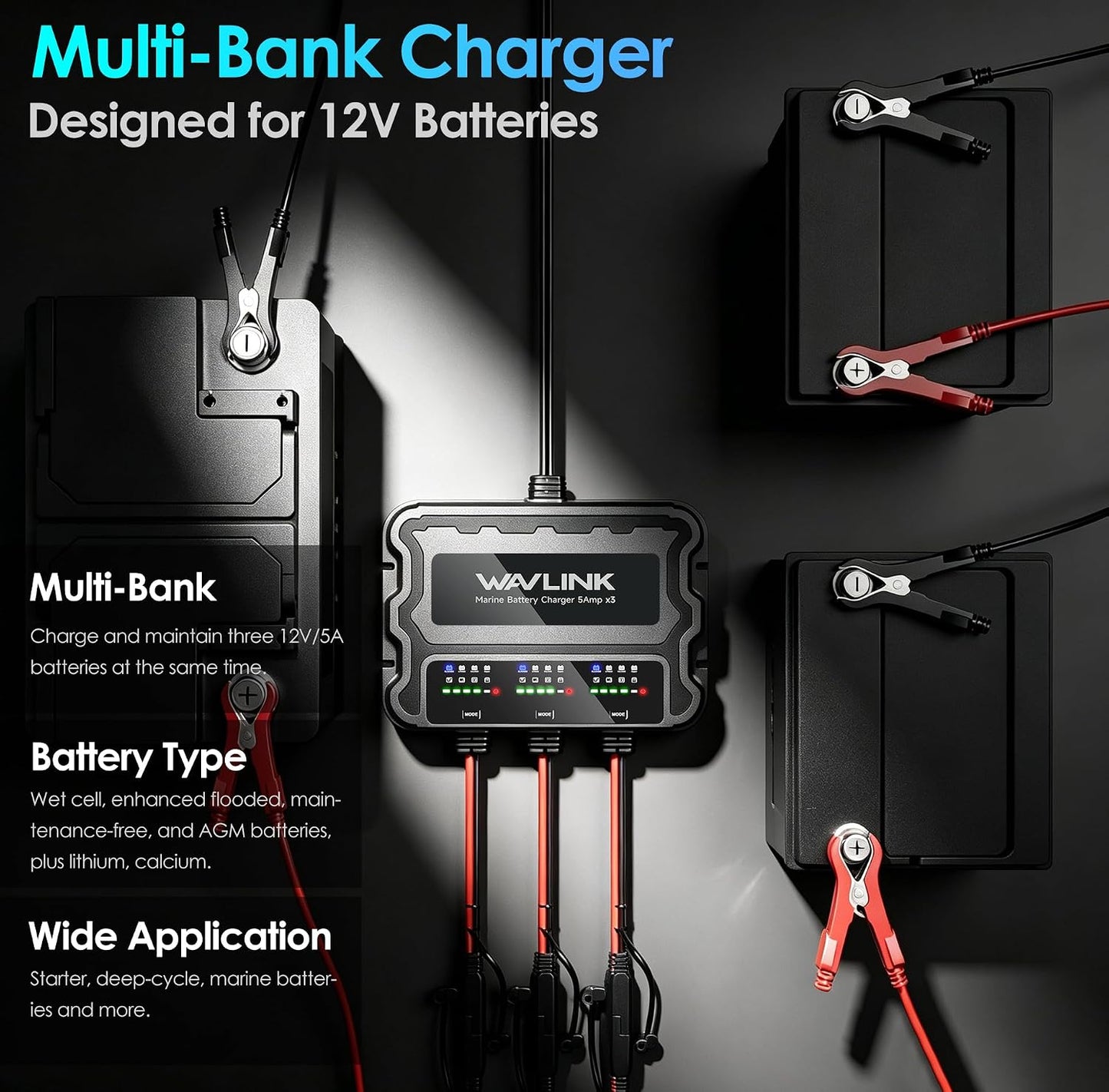 3 Bank 15A Marine Battery Charger 12V IP68 Onboard Battery Charger | 5A Per Bank, Multi-Stage Charging & Desulfating Repair, Multi-Protection, Compatible with SLA/AGM/LiFePO4/Calcium Batteries