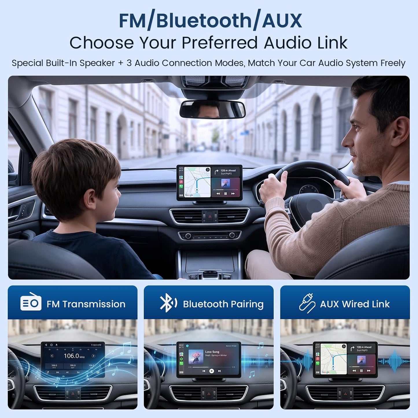 Wireless CarPlay Screen for Car, 9" Touchscreen Car Stereo, 64GB SD 4K Dash Cam, Apple CarPlay & Android Auto Mirror Link, 1080P Backup Camera, GPS Navigation, Bluetooth Voice Control, Loop Recording