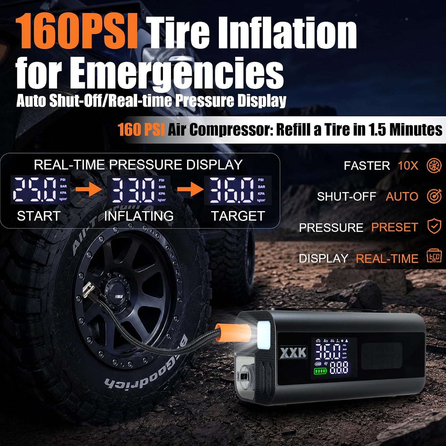 9000A Car Jump Starter with Air Compressor, Vacuum & 26800mAh Battery Pack