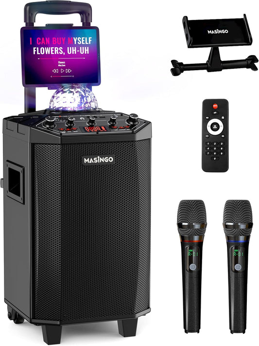 MASINGO New Karaoke Machine for Adults and Kids with 2 Bluetooth Wireless Microphones. Portable Singing PA Speaker System with Party Lights, Lyrics