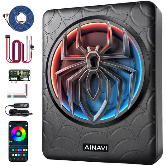 AINAVI 1200W Slim Active Car Subwoofer, 10" Under Seat Powered Sub for Car/Truck with Built-in RGB Rhythm Light, Amp, Includes Mounting Wire Kit, CX10