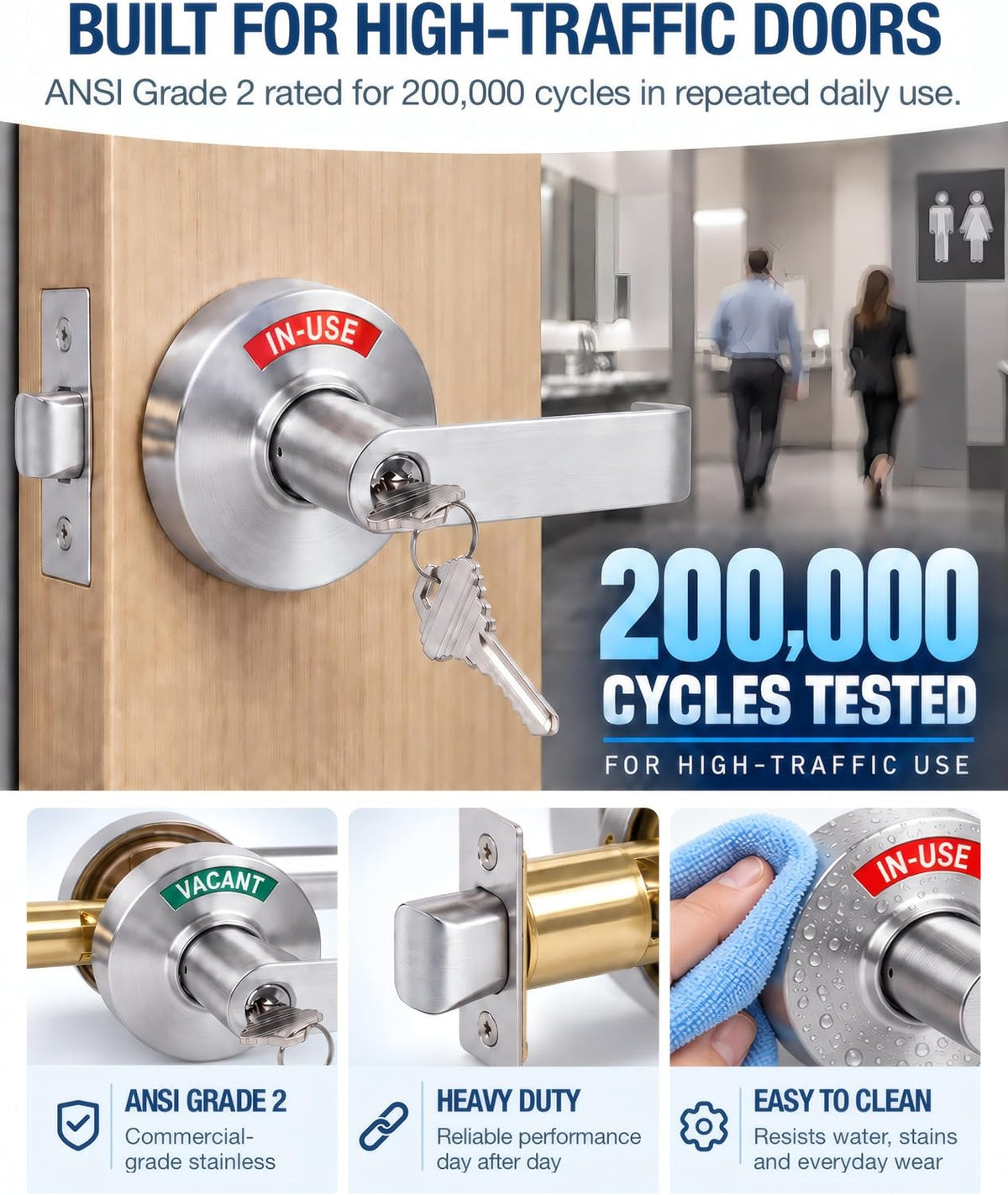 2 Kits Keyed Occupied Door Handle, Commercial Bathroom Door Handle, Vacant Occupied Bathroom Lock for Office, Hospital, Bars, Gyms Restroom (Medium 70mm with 3keys)