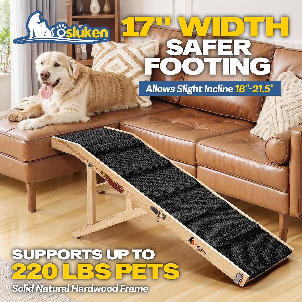 49" Long Dog Ramp for Couch & Low Height Bed, Foldable Pet Ramp for Small Large Dogs, High Traction with Platform Adjustable Heights 18" to 21.5" Up to 220LBS