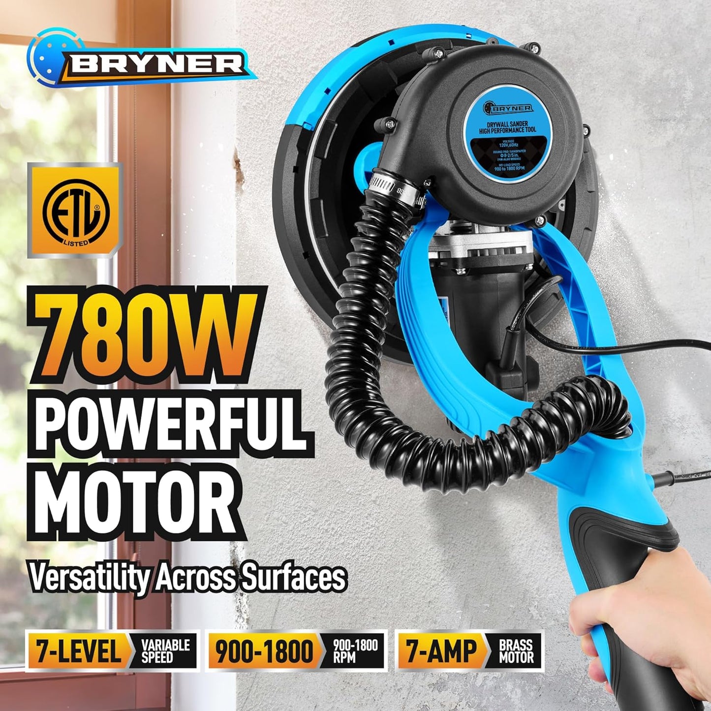 Drywall Sander, 780W Electric Drywall Sander with Vacuum Attachment and Labor-Saving Back Belt, 7 Variable Speed 900-1800RPM, Dustless