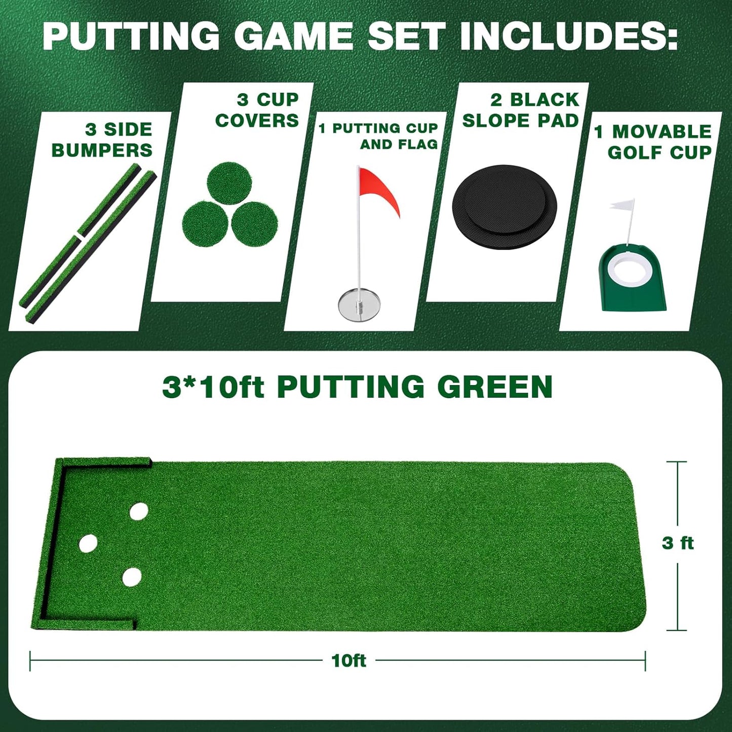 Golf Putting Green Mat Indoor, 3x10ft Thickening Outdoor Portable Golf Pong Game Set