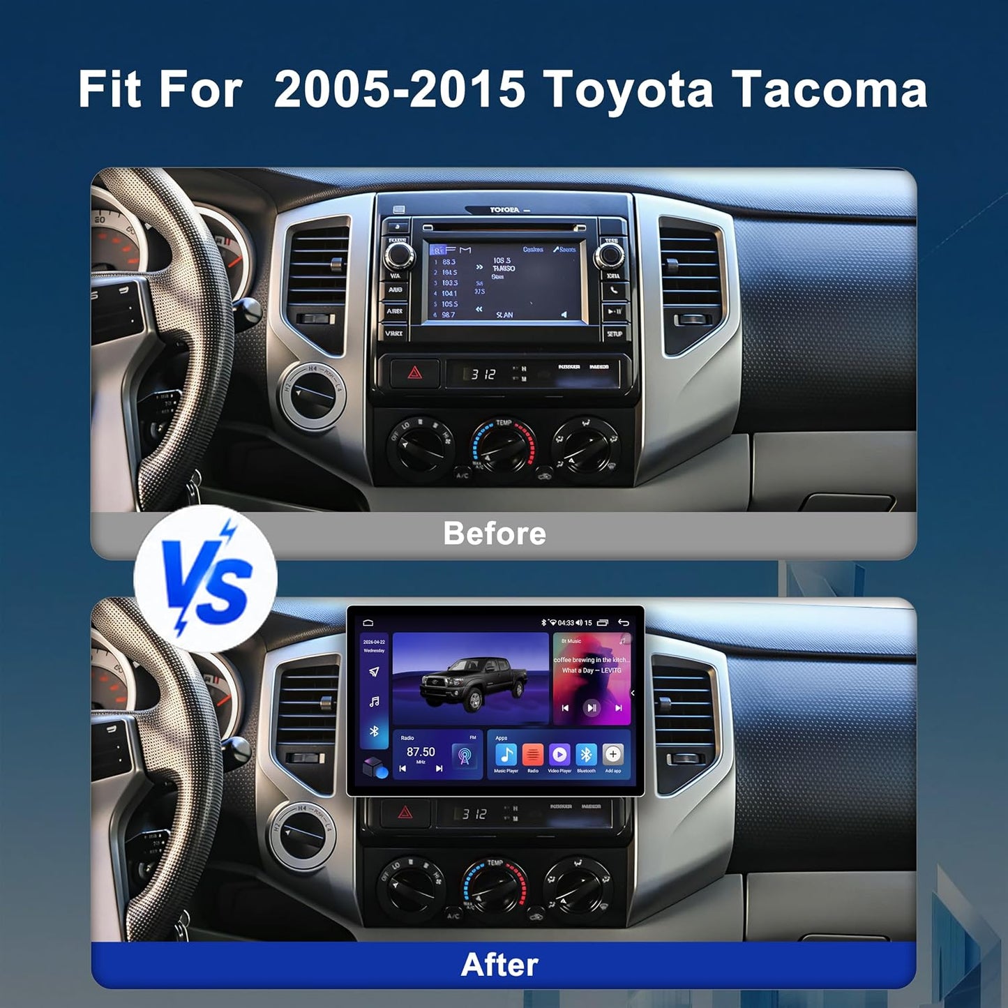 11.5 Inch 8 Core 4GB+64GB Car Radio Stereo for Toyota Tacoma 2005-2015, 2K Touchscreen Android 13 Head Unit with Wireless CarPlay & Android Auto, 1080P Backup Camera, GPS Navigation, SWC, AM/FM Radio