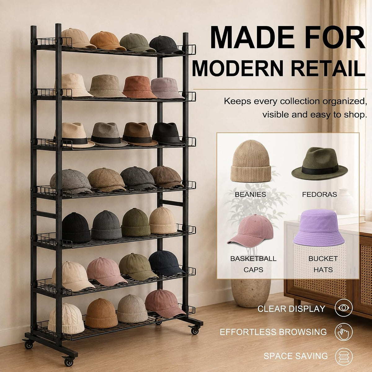 Hat Display Rack 7 Tier with Wheels, Metal Hat Rack Stand Up to 200 Caps