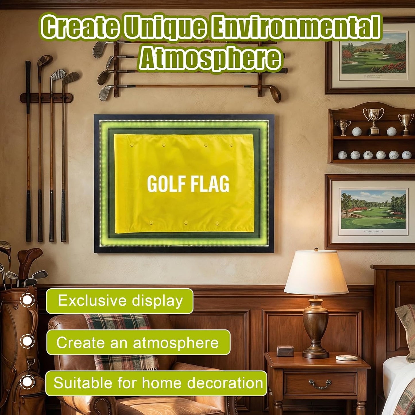 25 x 19Inch Golf Flag Display Case for Maximum 24 x 18Inch Golf Flag,Premium Solid Wood Display Case with Lights,Banner Frame Acrylic Boxes with Canvas Mat,Perfect for Sports Collector Memorabilia
