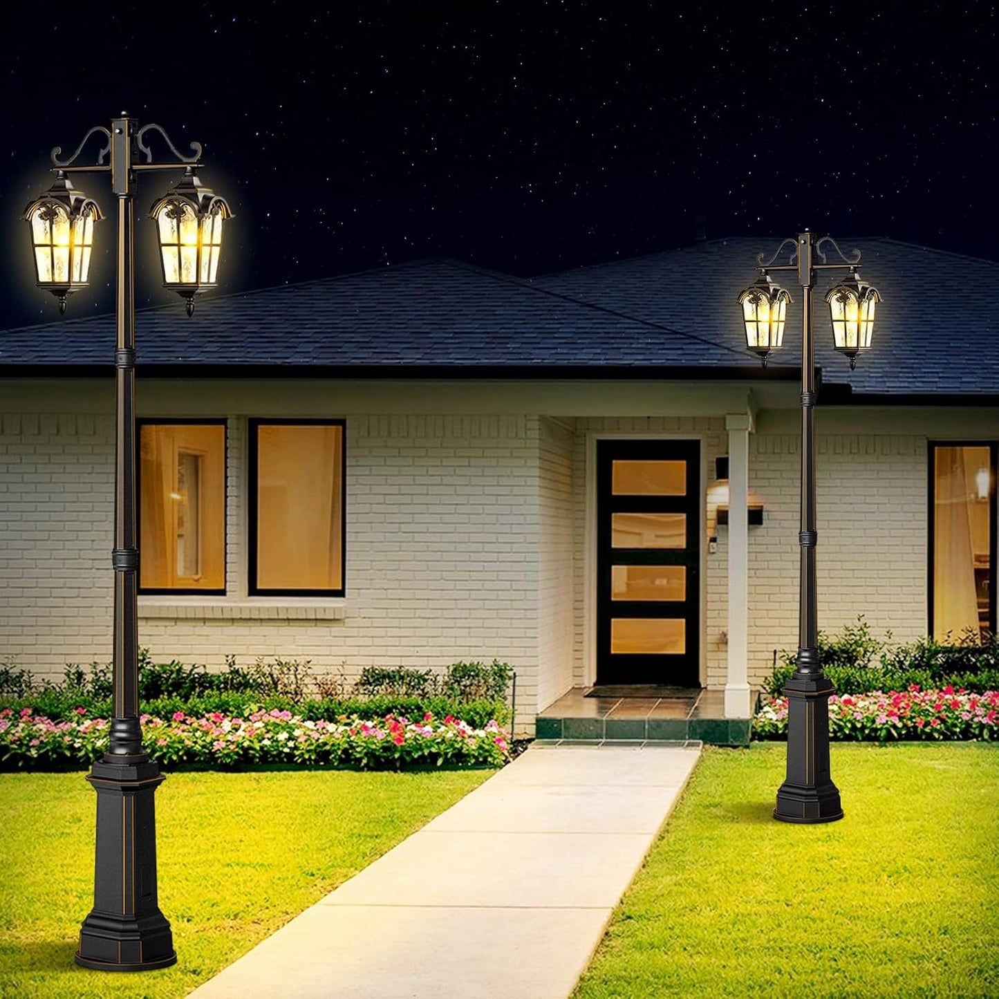 Outdoor Lamp Post Light with GFCI Outlet, Dusk to Dawn Black Outside Pole Lights, Double Head Exterior Street Lighting Fixture for Backyard Driveway