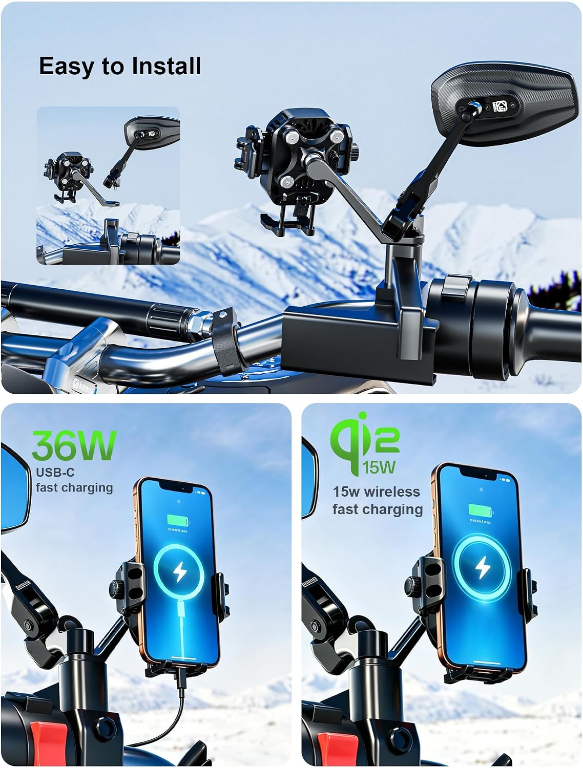 Kewig All Metal Motorcycle Cooling Phone Mount with Wireless & PD Charger | Qi2 15W & USB-C 36W, with Vibration Dampener, 1S Locking Motorcycle Rear-View Mirror Cellphone Holder for 5.4-7.2" Smartphone