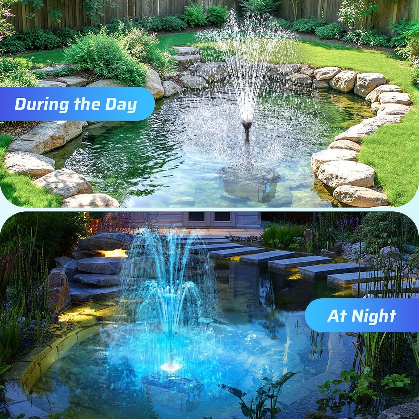 Antfraer Pond Filter with Fountain Kits, 660GPH Submersible Pond Pump with RGB LED Lights & Remote, All-in-One Pond Filter for Outdoor Ponds, Koi Pond, Water Gardens & Waterfall, Up to 1300 Gallons 660GPH with U-V & RGB Lights