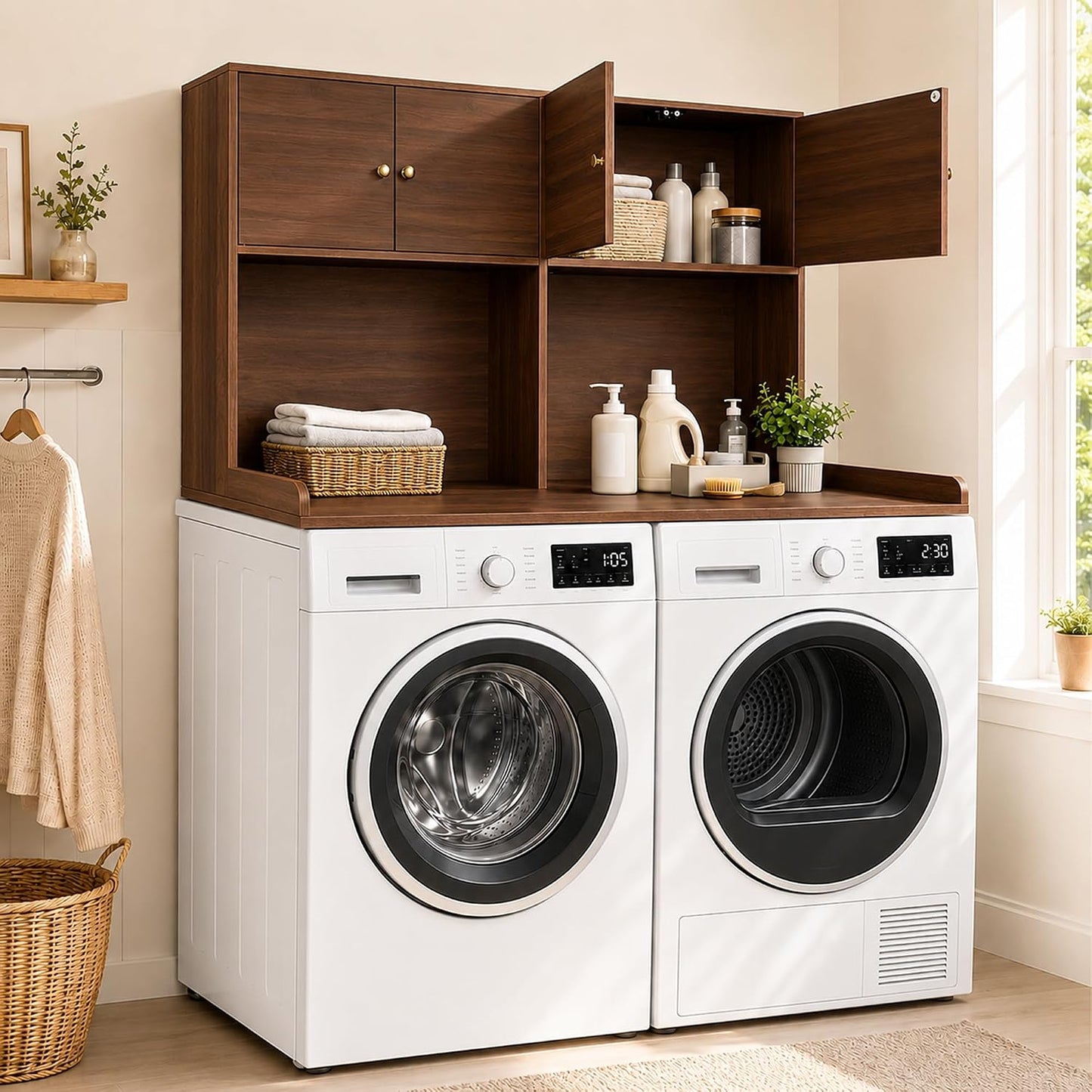 Washer Dryer Countertop with Cabinets, Laundry Countertop with Shelf, Washer and Dryer Topper with Edge, Over Washer and Dryer Shelves for Laundry Room Storage Organization, Universal Fit Walnut Dual