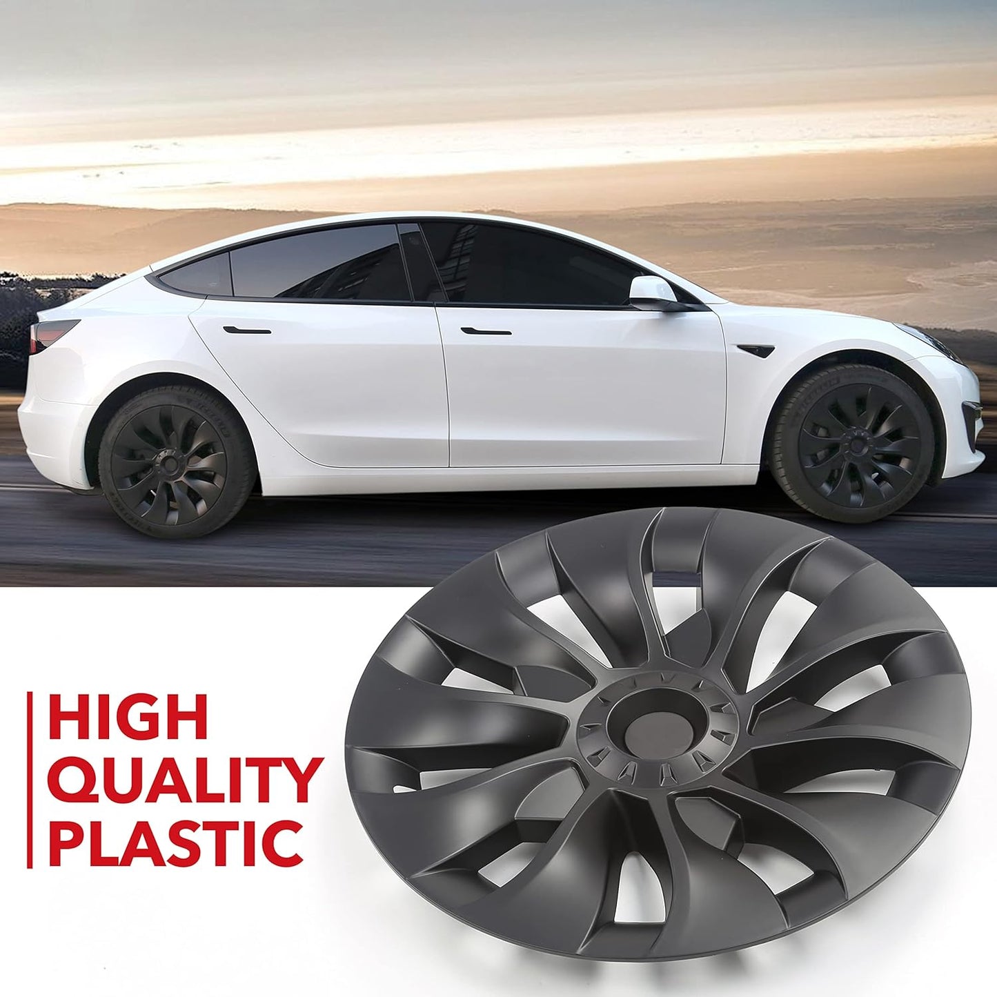 ROADARMOUR (US Business) FitsTesla Model 3, 18 Inch Matte Black Hubcap Wheel Cover (4 PCS) Long Range Improvement Uberturbine Style 2017-2023 Model 3