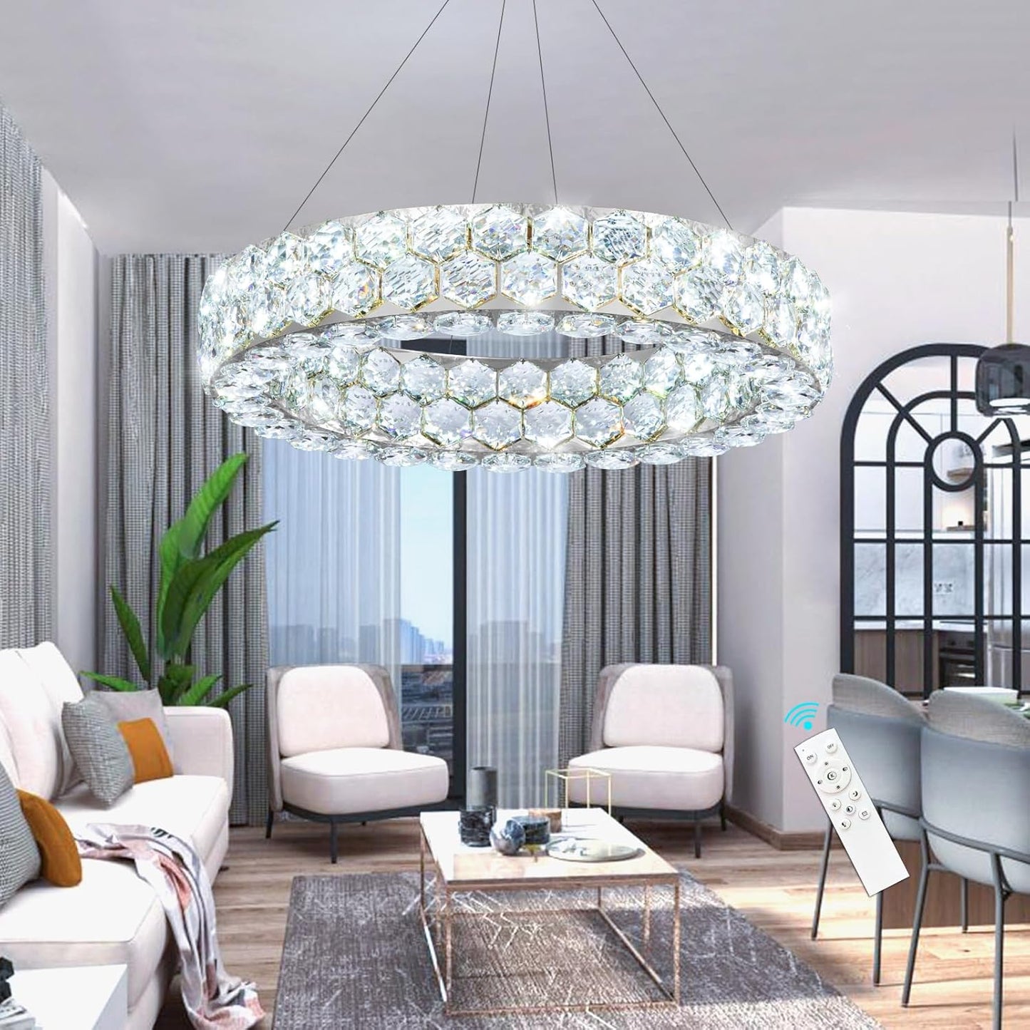 Modern Dimmable Crystal Chandelier for High Ceilings with Remote Control, Flush Mount