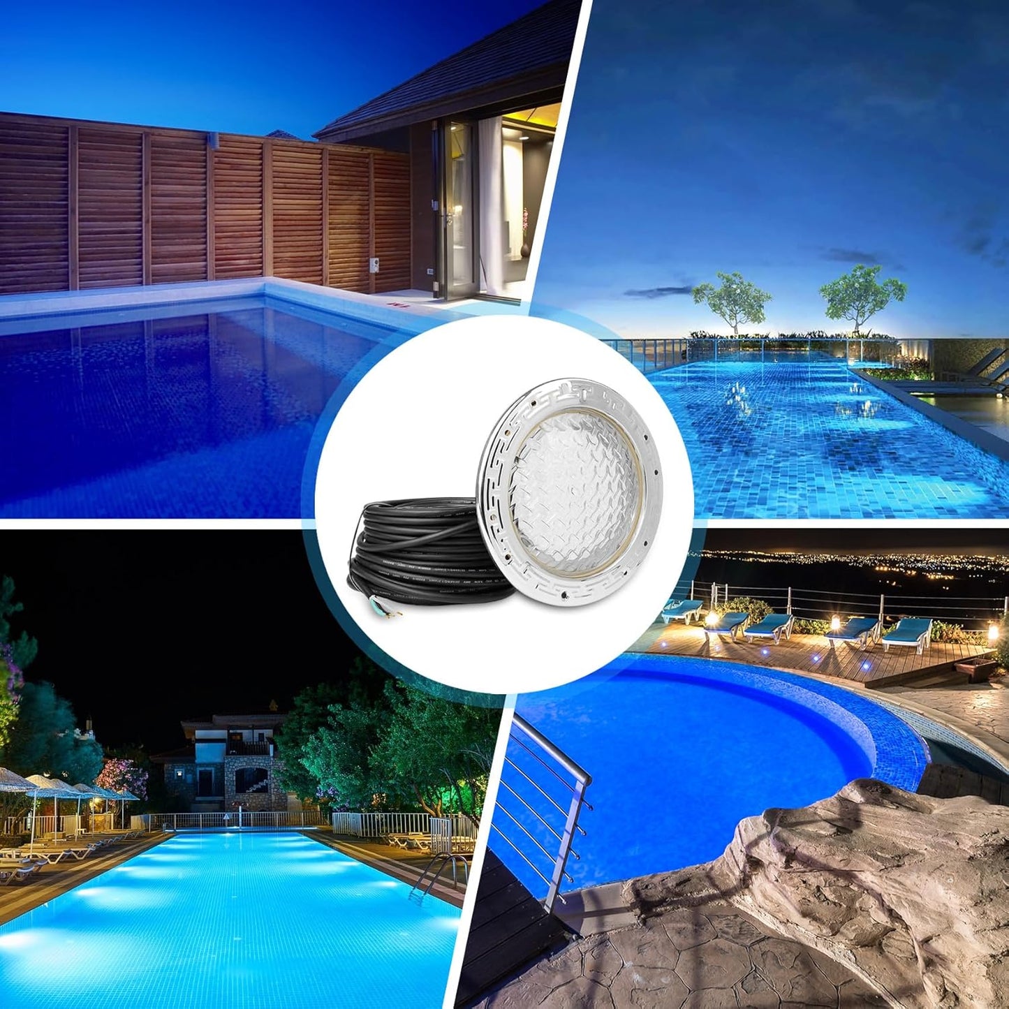 LED RGBW 10 Inch 12VAC Pool Lights for Inground Pool,  100 Foot Cord, w/Remote, Salt/Freshwater Compatible