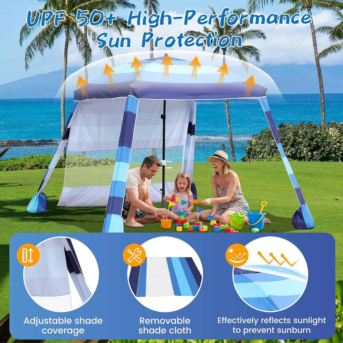 Beach Cabana,Spacious 7.2 x 7.2 FT Beach Cabana Provides Ample Shade for 5-6 People, Perfect for Family Outings; Features 3 Side Curtains for Enhanced Privacy and Wind Protection BLUE