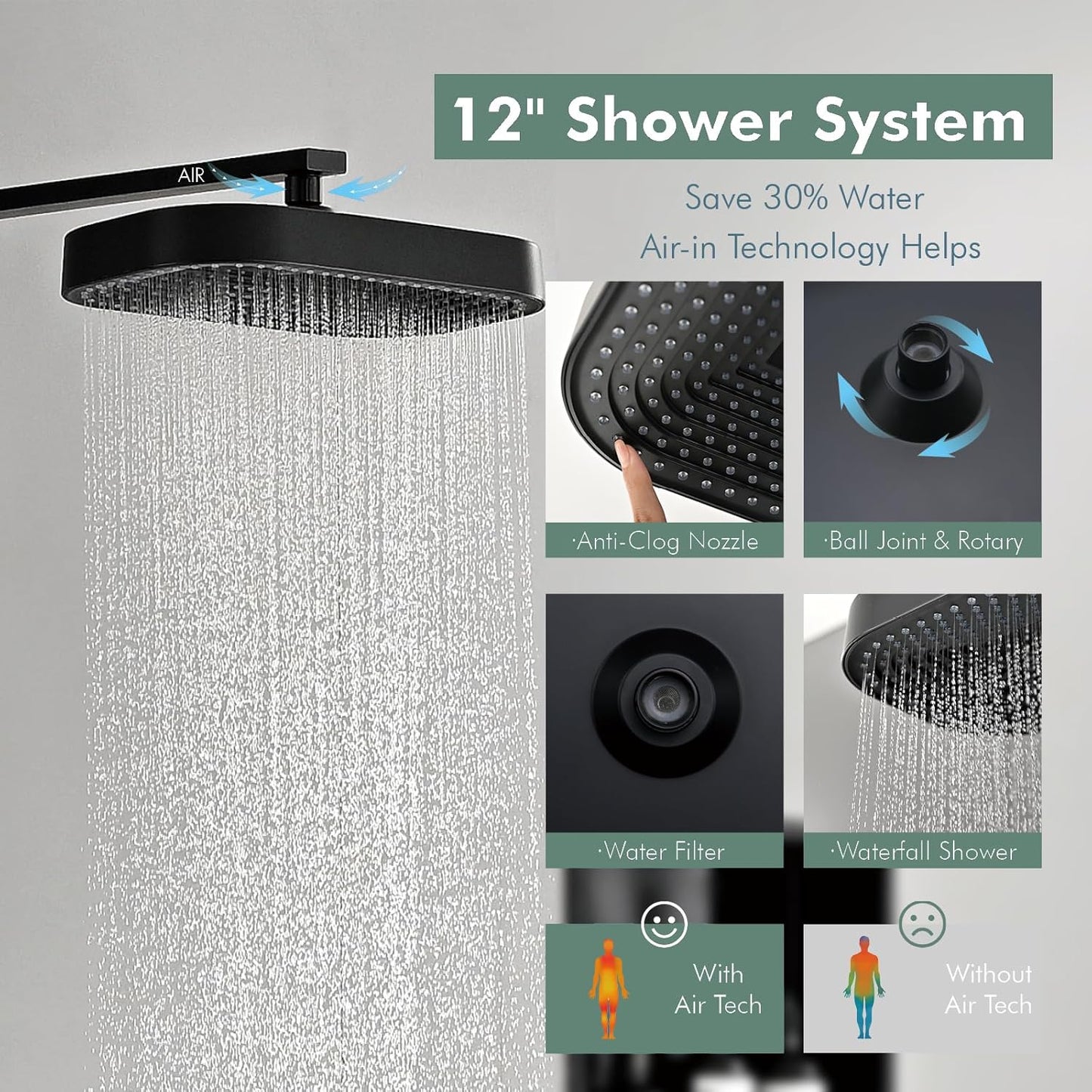 Rainfall Shower System, 12 Inch Shower Faucet Set With Rain Shower Head and Handheld Spray Combo,Luxury Wall Mounted