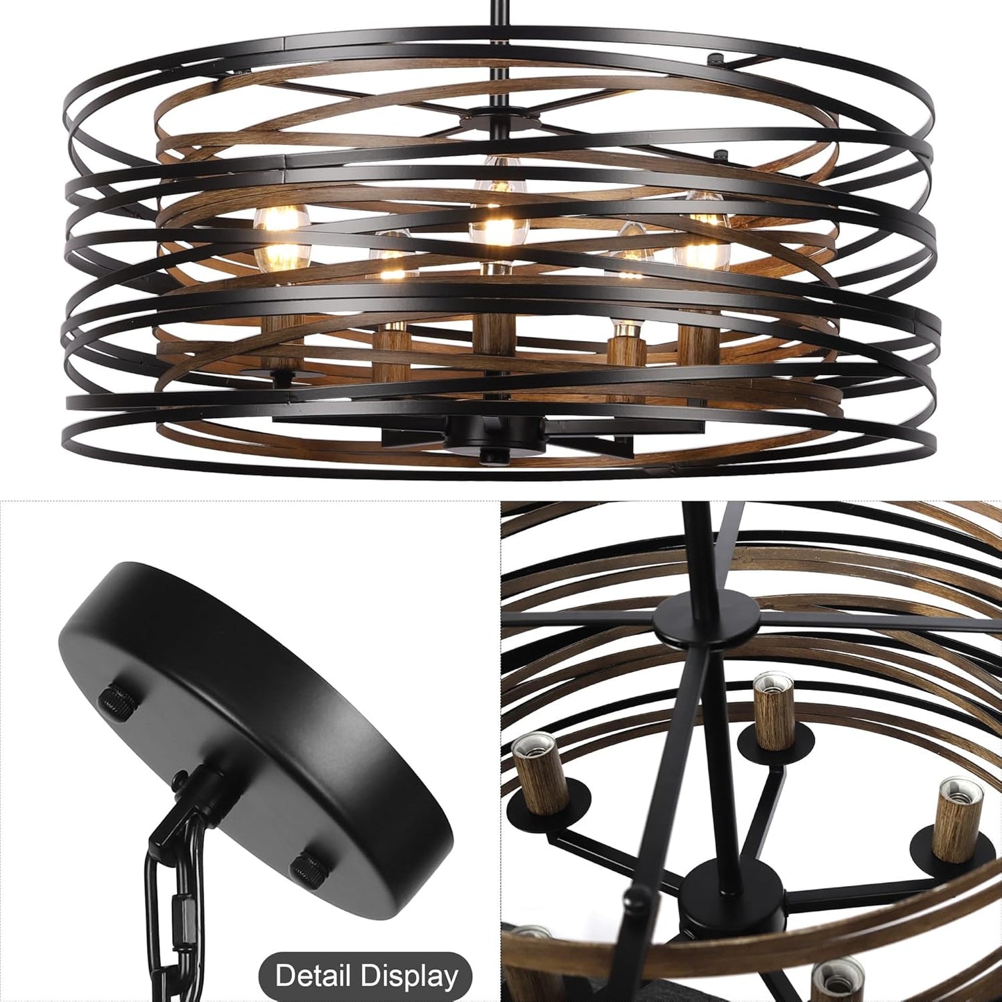 5-Light Drum Chandeliers for Dining Room 19.7' Rustic Farmhouse Dining Room Light Fixture Wood Grain and Vintage Black Metal Chandeliers