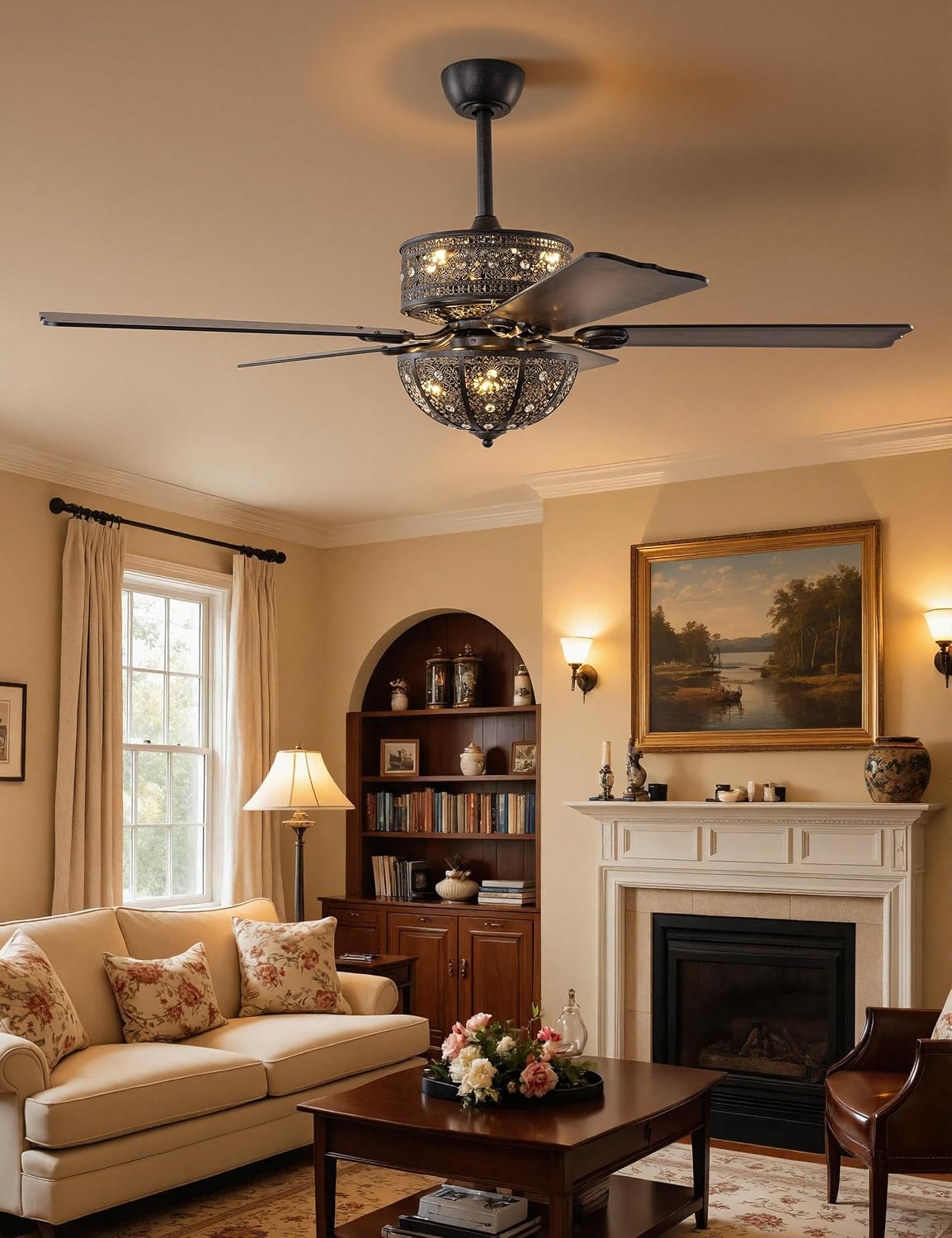 52 Inch Vintage Chandelier Ceiling Fan with Light, Antique Bronze Fandelier