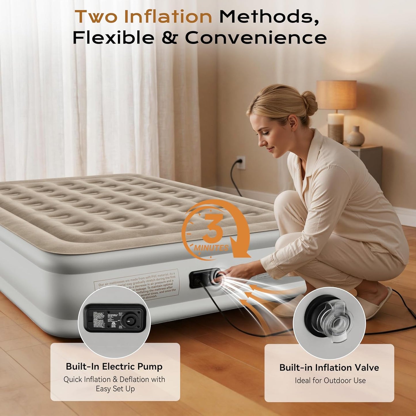Air Mattress Twin with Built-in Pump 13", Comfortable Self-Inflating Blow up Mattress, Tan