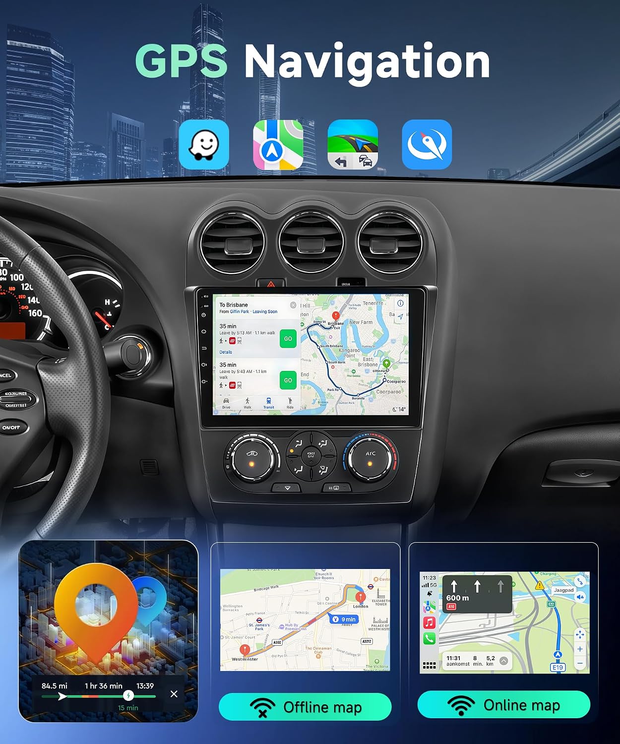 5Ghz WiFi Android 15 Car Radio for Nissan Altima 2008-2012 (Manual A/C) with 9" IPS 1280 * 720 HD Touch Screen Wireless CarPlay & Android Auto Bluetooth 5.0 GPS SWC FM RDS Backup Camera