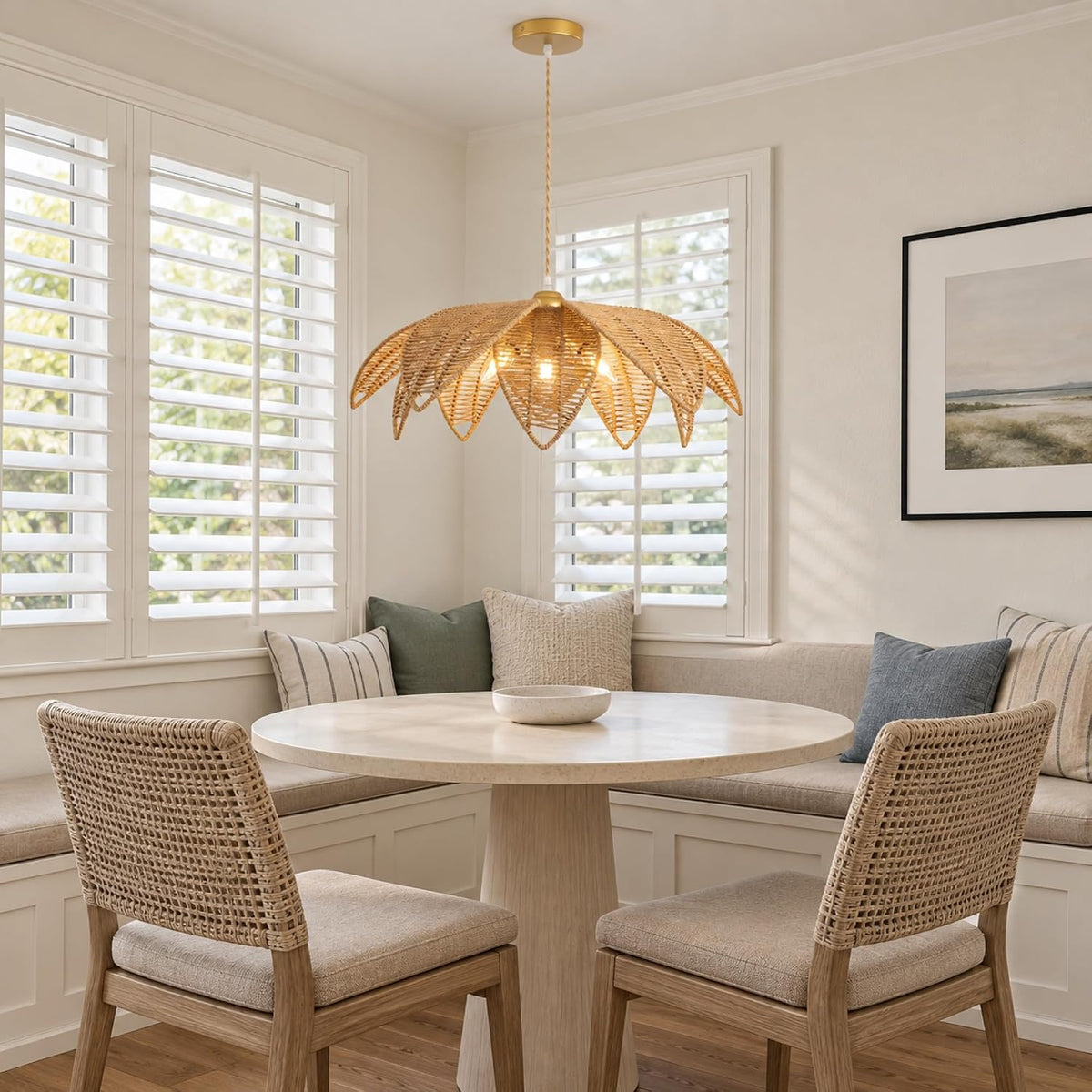 24" Rattan Pendant Light for Dining Room, 3-Light Farmhouse Boho Chandelier with Adjustable Cord, Rattan Light Fixture for Kitchen Island, Living Room, Bedroom, Entryway & Foyer, E12 Base Brown