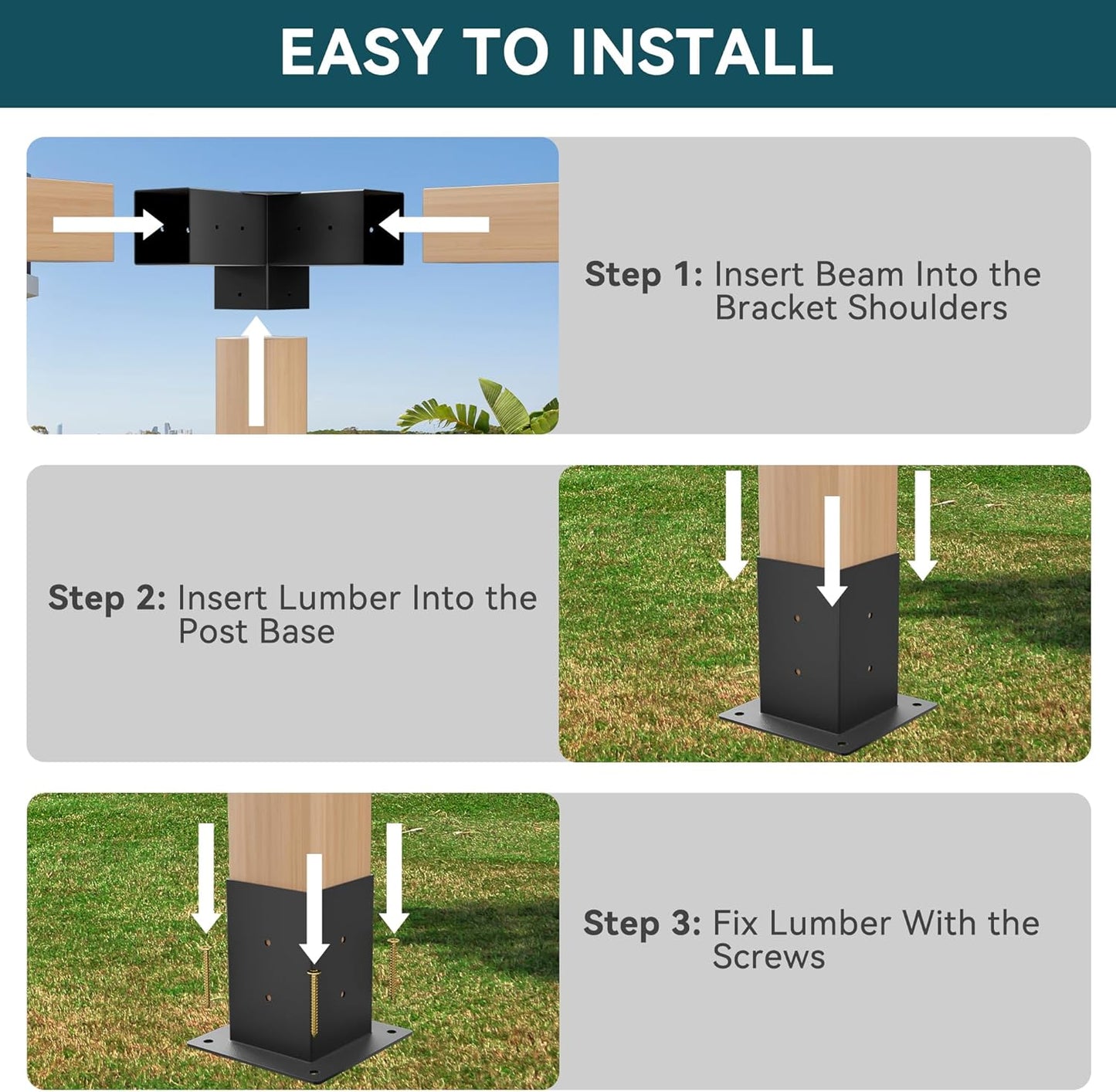 4'x4' Pergola Bracket Kit, with 3-Way Pergola Brackets & Post Bases for 4'x4' (3.5'x3.5' actual) Lumber