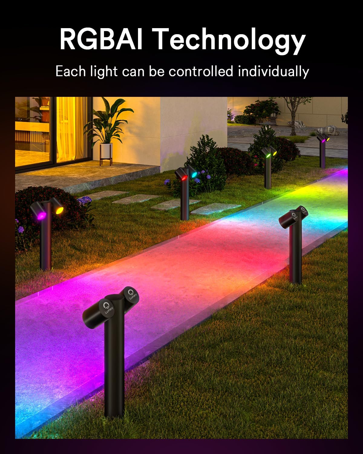 Lumary Smart Pathway Lights Pro 700LM, 4 Pack Low Voltage Landscape Lights IP65 Waterproof, 48FT RGBAICW Color Changing Outdoor Lights for Holiday,