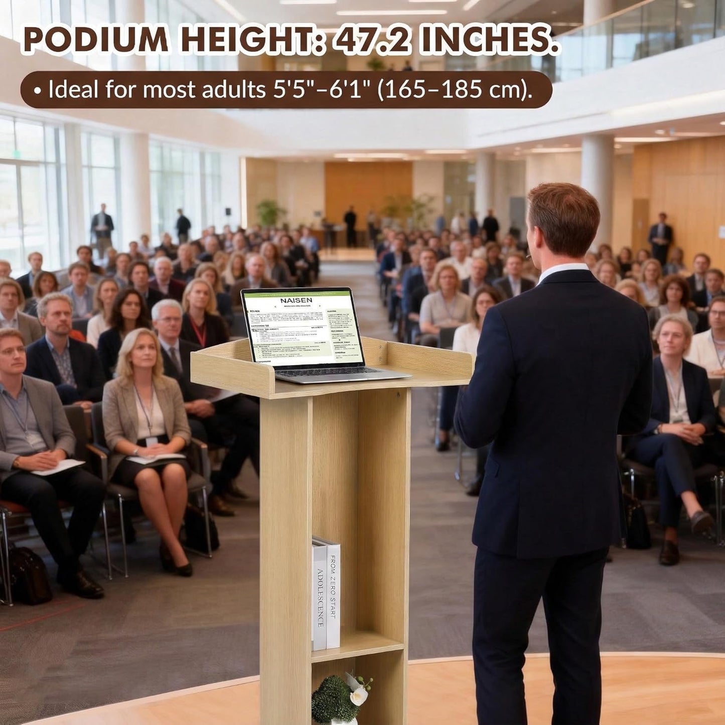 Wooden Podium Stand with Storage Shelves, Oak Color, 47.5" Height, Lectern for Presentations, Church, Classroom, Wedding Speech, Heavy Sturdy Base, 23.6x15.7 Inches Desktop