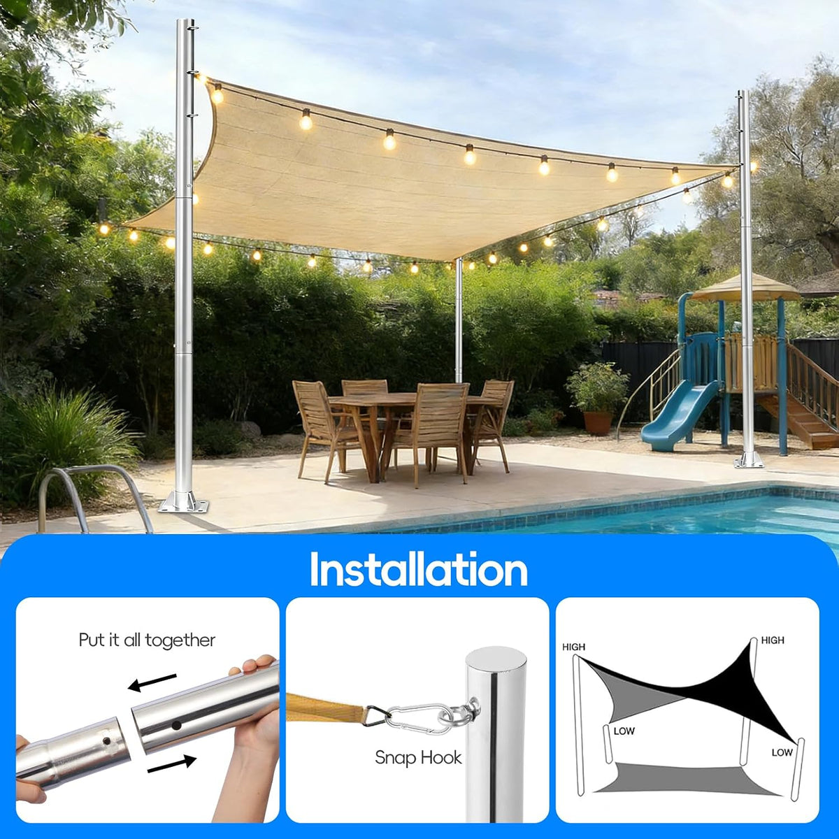 Shade Sail Poles, Heavy-Duty Stainless Steel Sun Shade Poles, 12 Ft Premium Height-Adjustable Poles with Base Plate, Durable Canopy Support Poles, Multifunctional Installation for Ground Soil Backyard