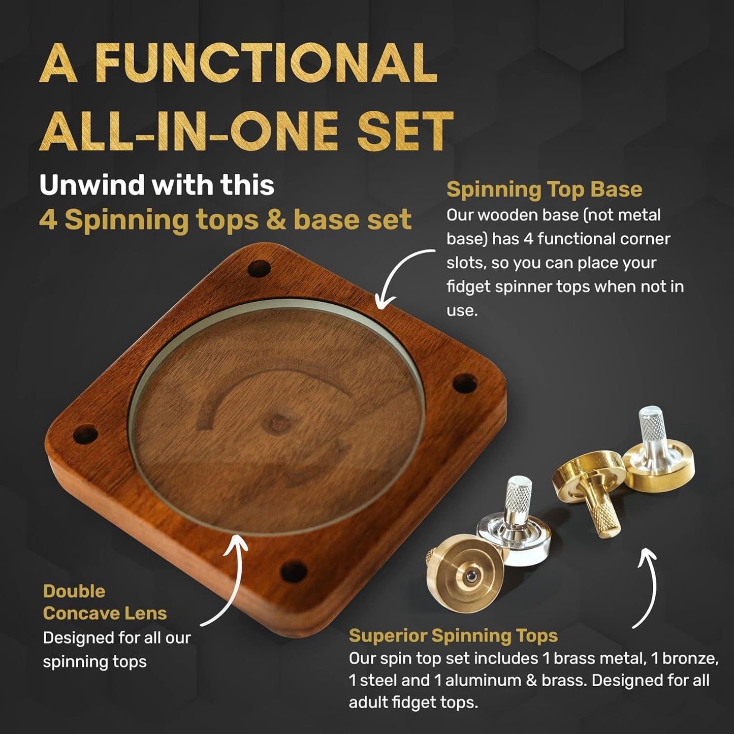 Schulte Metal Spinning Top & Spinning Top Base Set, Toys for Mental Focus, Metal Fidget Toy Set, 4 Spinning Tops with Glass Top Black Walnut Base -