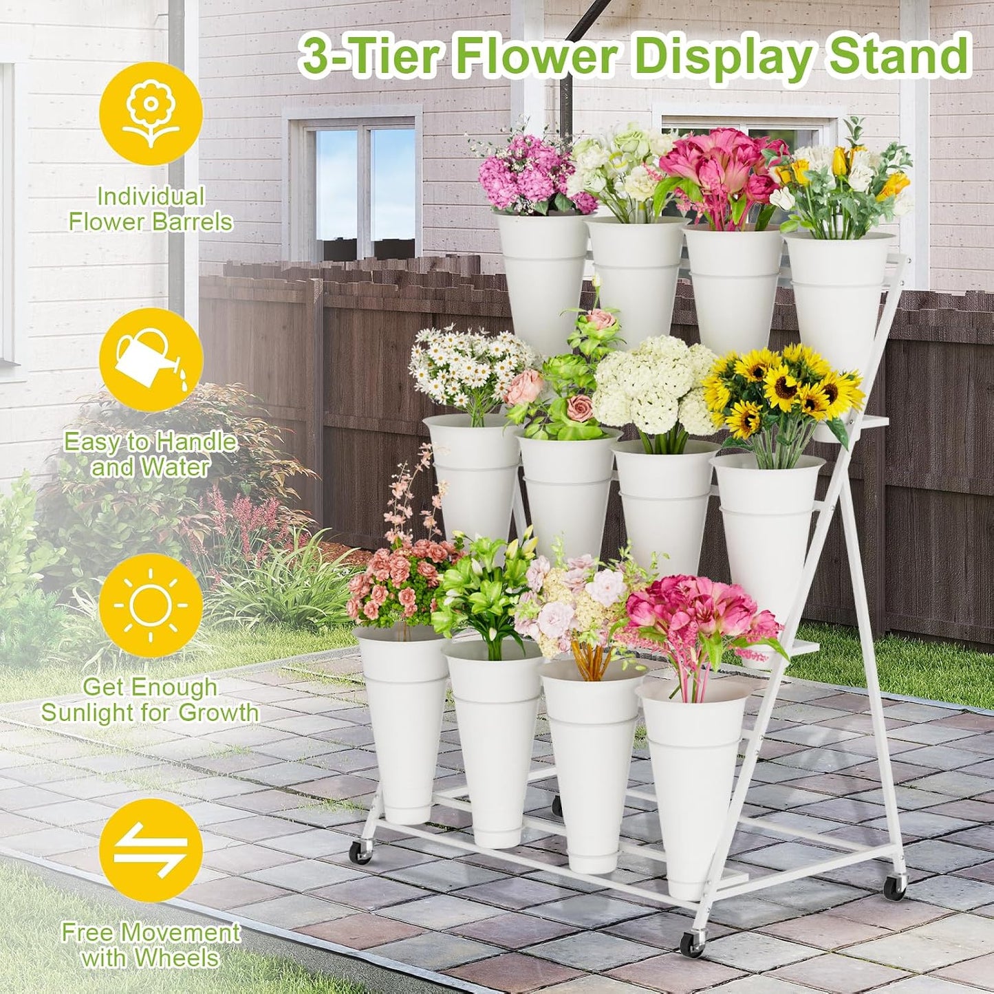 Flower Stand, 3 Tier Flower Display Stand with 12 Buckets, Upgrade Double Circle No Shaking, Outdoor Flower Cart with Wheels for Patio, Garden, Shop, Wedding, Party, Exhibition, Indoor, White