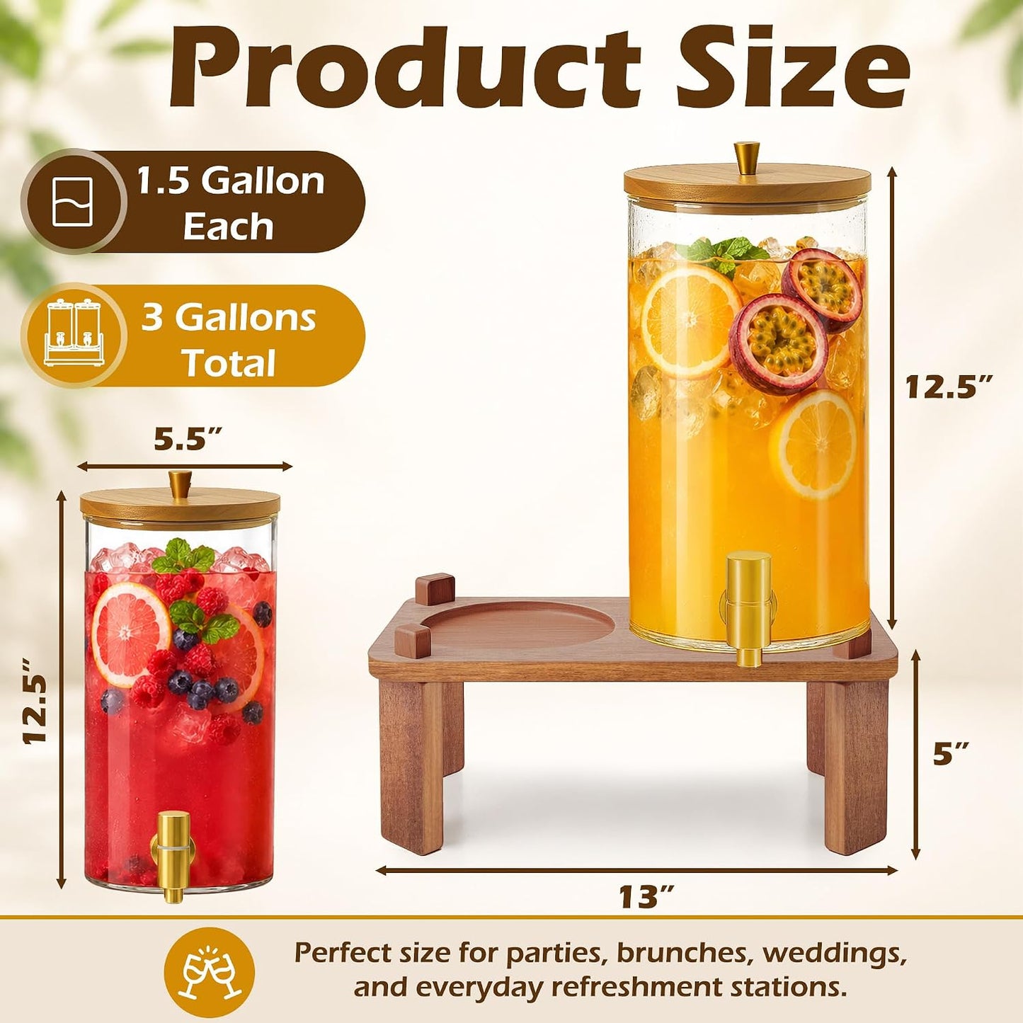 2PCS Drink Dispenser, 1.5 Gallon Each Glass Beverage Dispenser with Wood Stand, Juice Lemonade Dispenser with Stainless Steel Spigots, Drink Dispensers for Parties