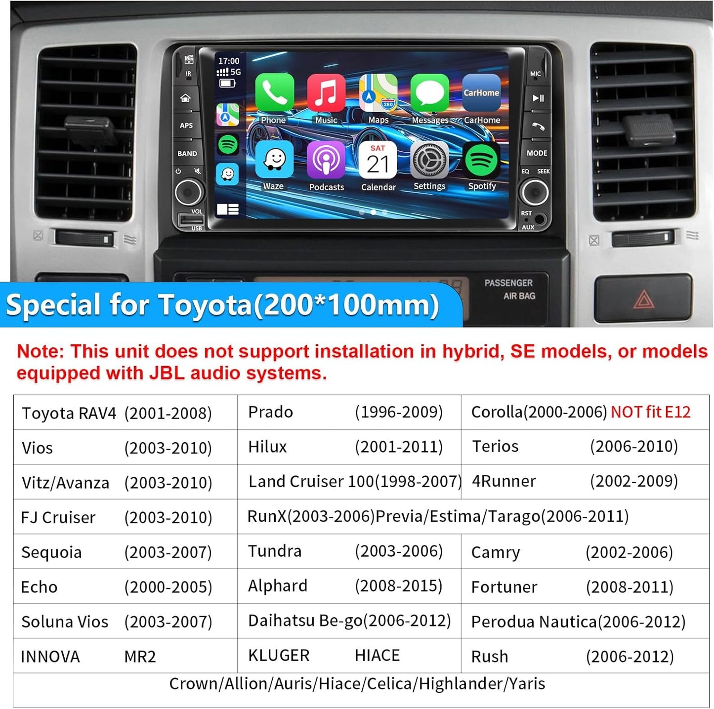 Car Radio for Toyota 4Runner 2003-2009, Tundra 2003-2006, Sequoia 2003-2007，Highlander 2001-2007，RAV4 2001-2005,FJ Cruiser 2003-2010 7" IPS Touchscreen Carplay Android Auto, AM/FM BT Backup Camera