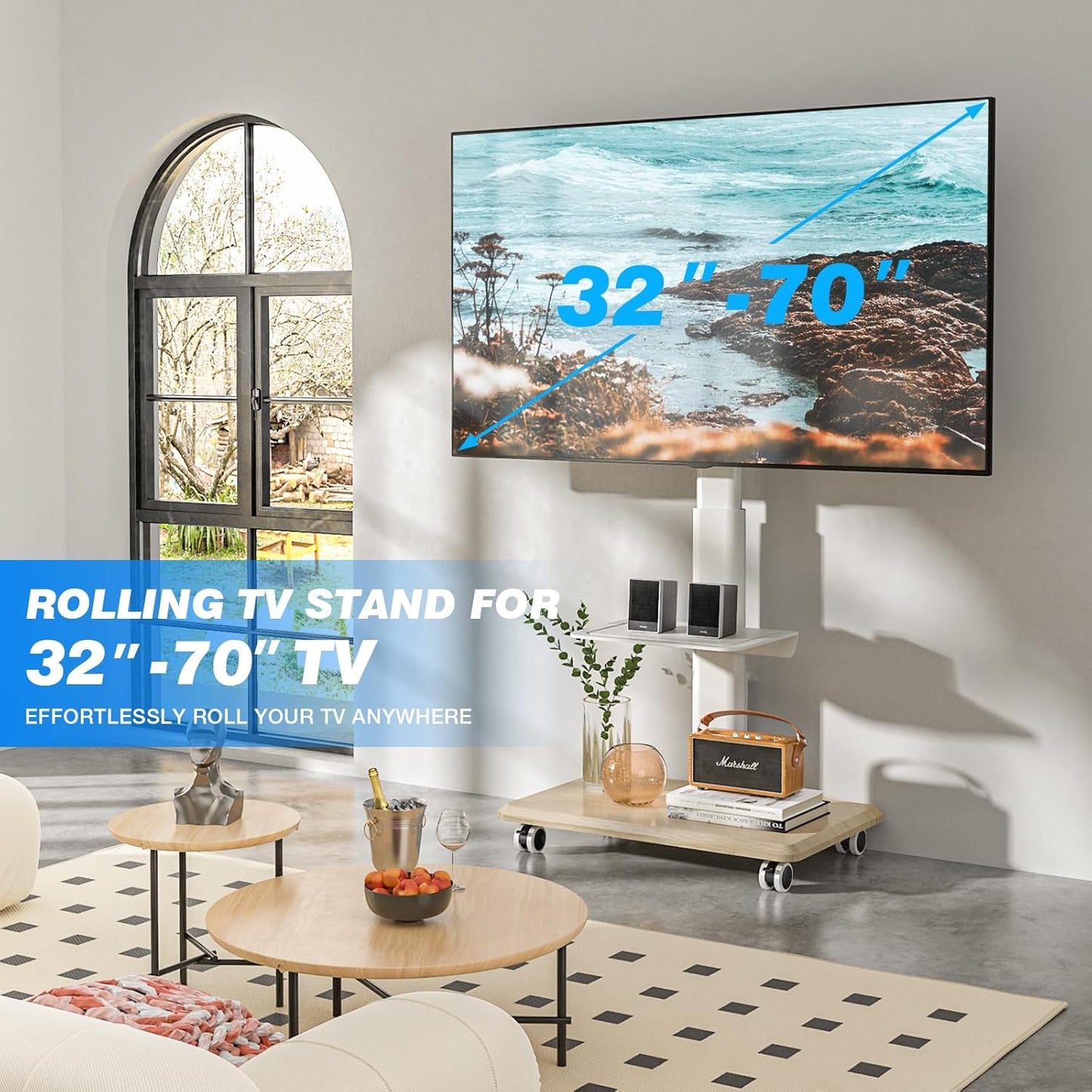 Sleek Rolling TV Stand with Power Outlet for Home Decor, Height Adjustable Portable TV Stand on Wheels for 32-70 Inch TVs, Strong Tall Mobile TV Cart