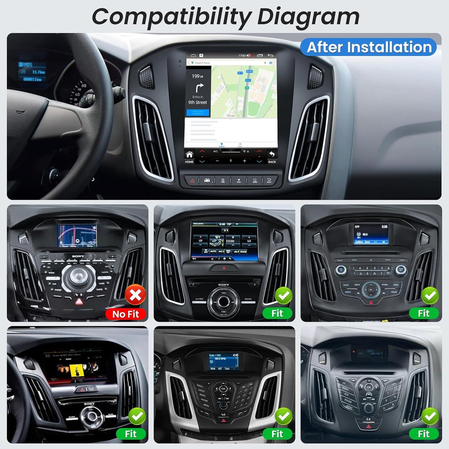 for Ford Focus 2012-2018 Radio Stereo Upgrade Replacement: 9.7 Inch IPS Touch Screen Head Unit, Wireless CarPlay Android Auto, GPS Navigation WiFi Bluetooth 5.0, FM SWC 2G+64G