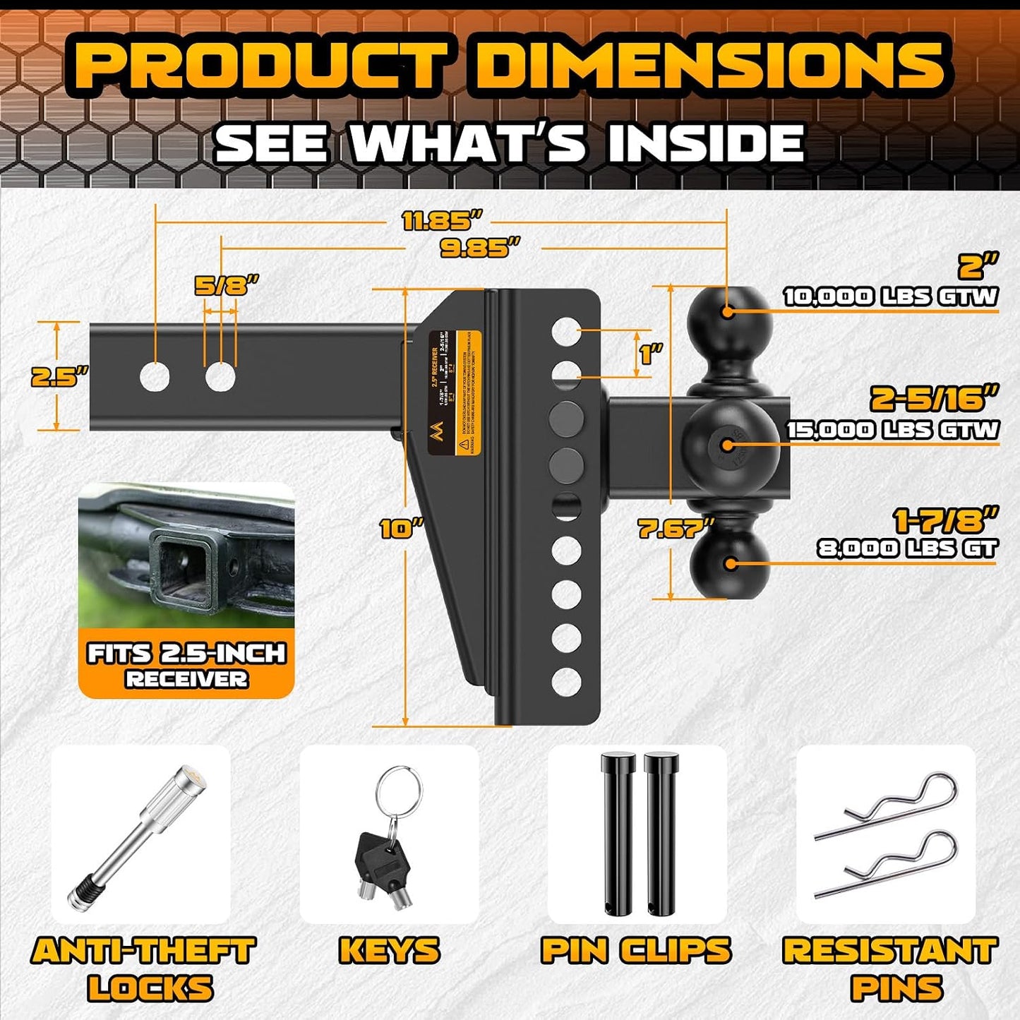 Adjustable Trailer Hitch -Drop Hitch Fit 2.5" Receiver-8" Drop/Rise
