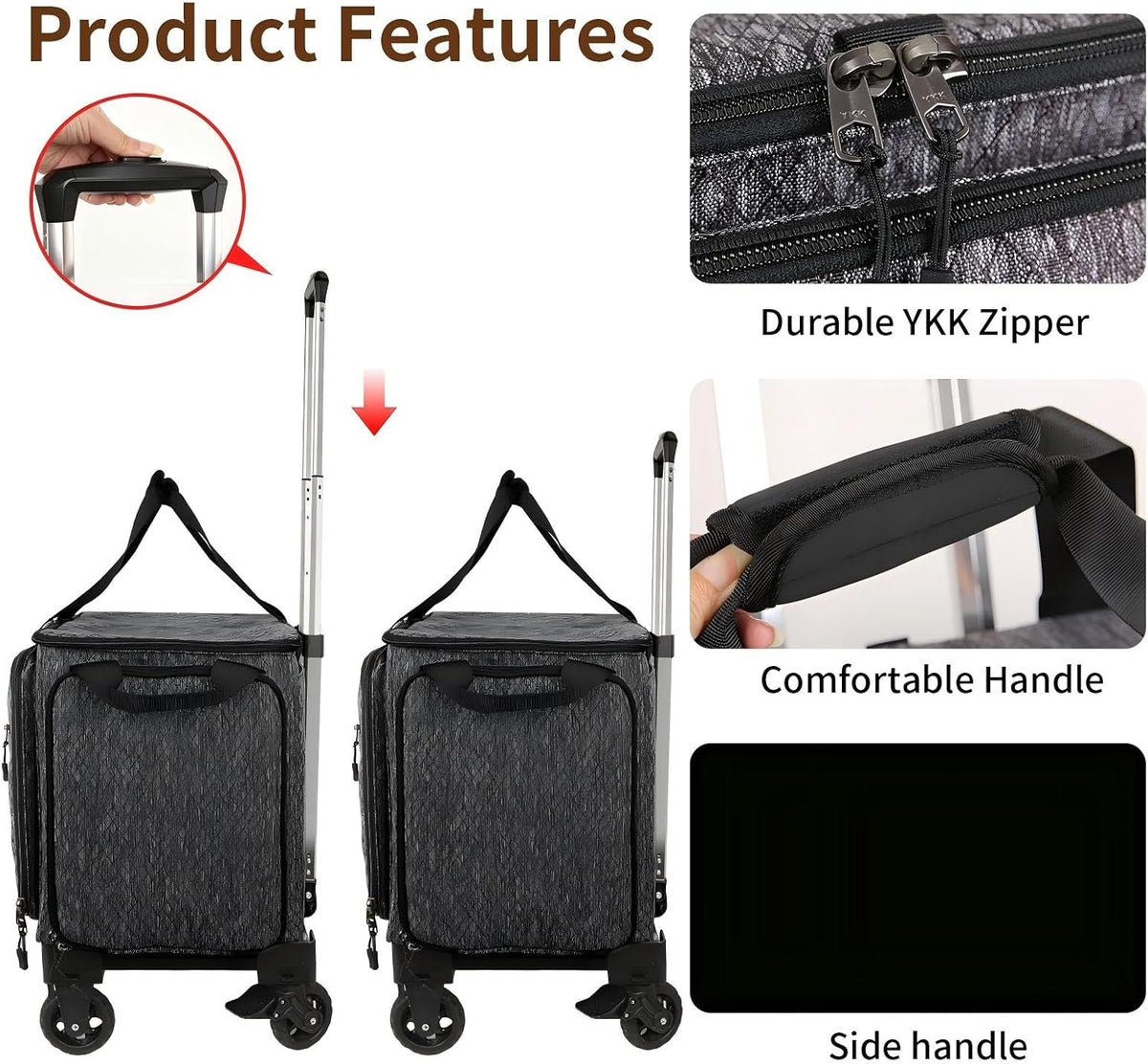 Rolling Sewing Machine Bag Fits for 22"*12"*14" Sewing Machines,YKK zipper,Hard Bottom Pad,Brake Function (Black)