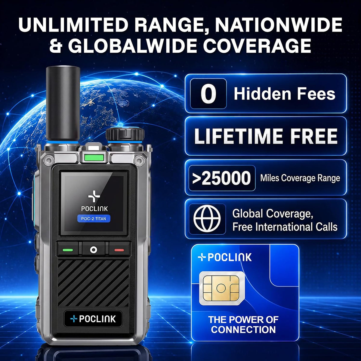 Lifetime Free Global Walkie Talkies Long Range Two Way Raios, Rugged & Shockproof POC Radios with Noise Reduction, Poclink POC-2 Titan-(2 Pack) Unlimited Range PTT 4G LTE Radios for Family, Logistics 2Pack