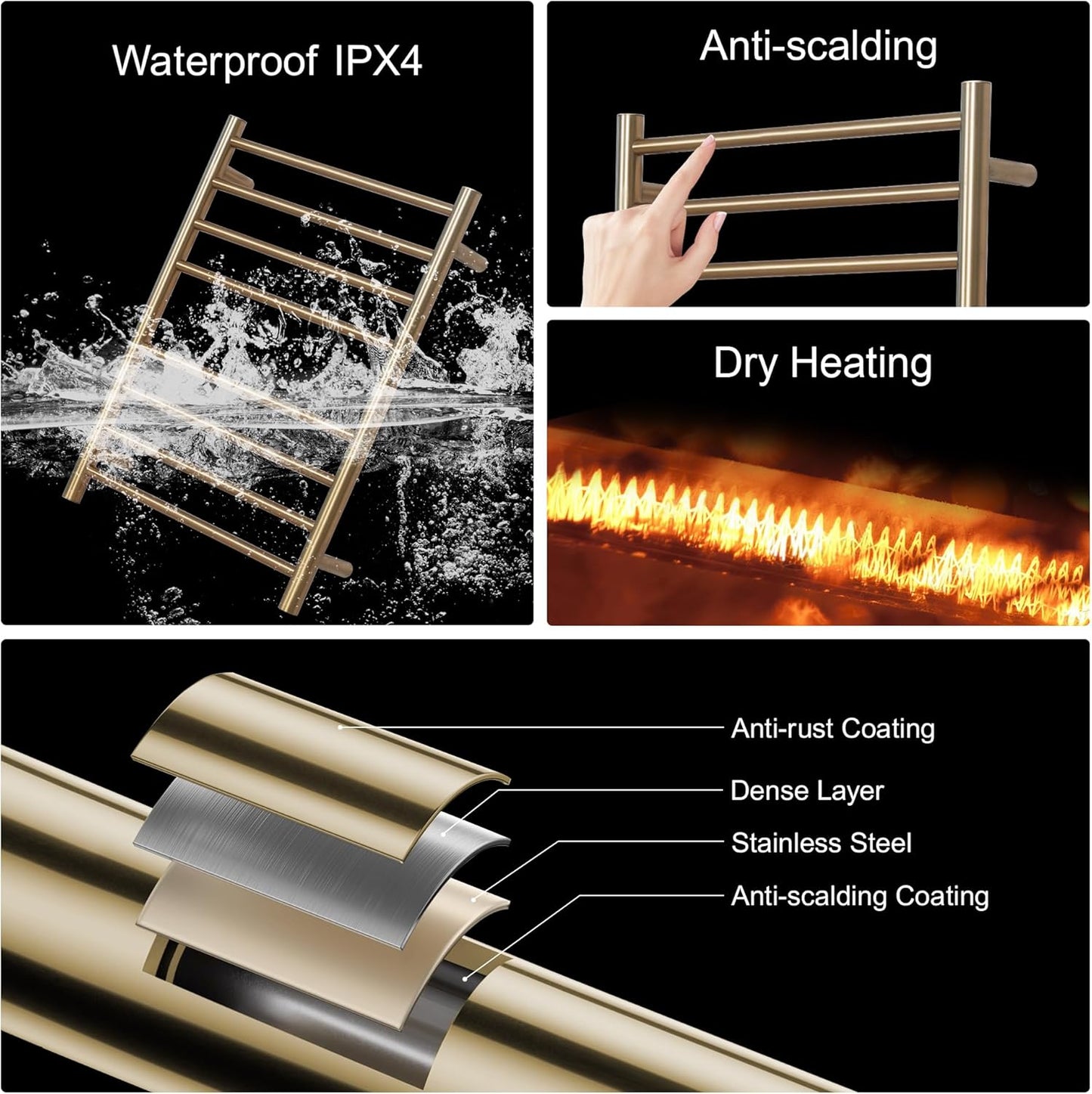 Electric Heated Towel Warmer, Wall Mounted Bathroom Towel Rack, Plug-in Design, Brushed Gold Stainless Steel Finish 8 Bar  with Single Press