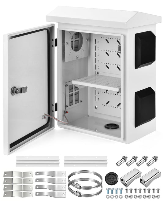 Waterproof Electrical Box - Cold-Rolled Steel & Aluminum Alloy Back Beam, One-Piece Ventilation, Pre-Drilled Fan Mounting Hole, Wall/Pole Mountable（17.9" x 13.8" x 7.9"